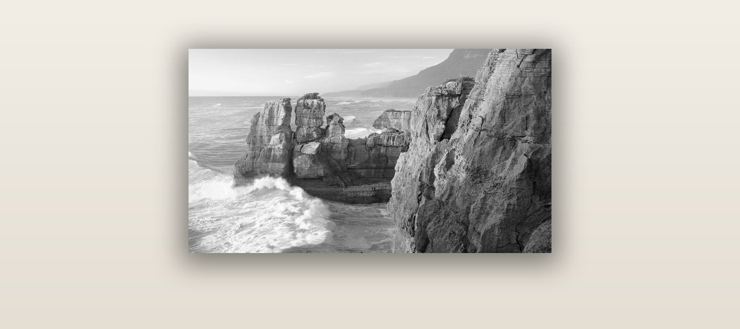 Punakaiki Sculptures, South Island — acrylic glass print, 61 × 30 cm. New Zealand fine art landscape wall art by Stephen Milner.