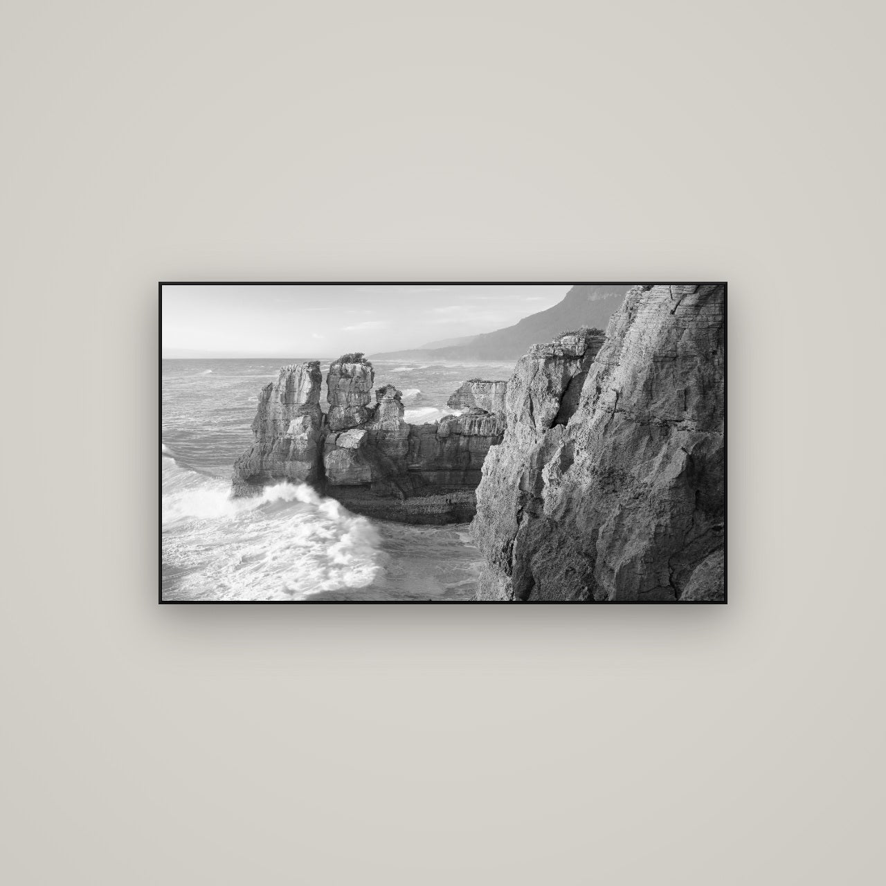 Punakaiki Sculptures, South Island — ArtBox Black, 107×60 cm. New Zealand fine art wall art by Stephen Milner.