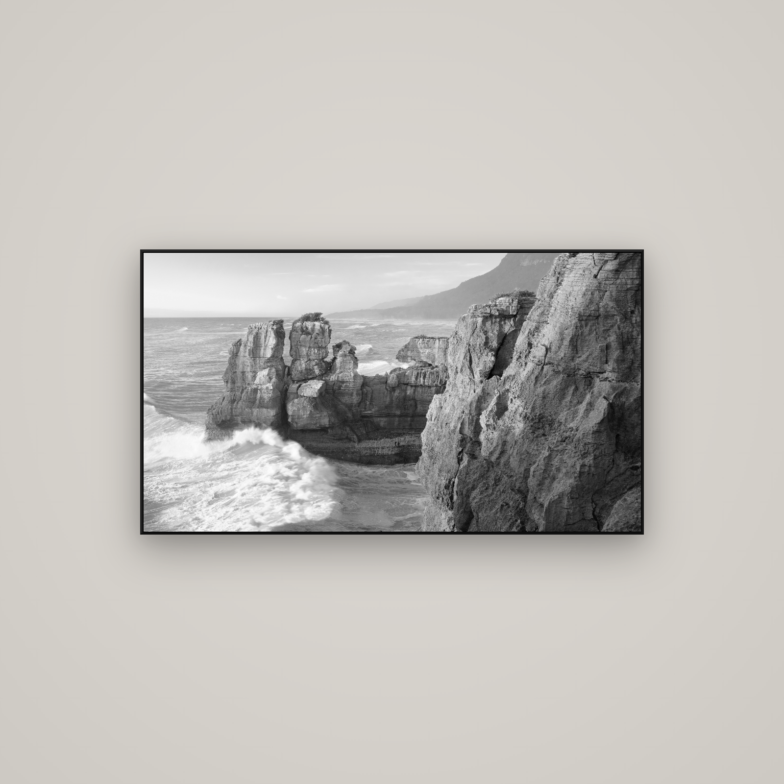 Punakaiki Sculptures, South Island — ArtBox Black, 107×60 cm. New Zealand fine art wall art by Stephen Milner.
