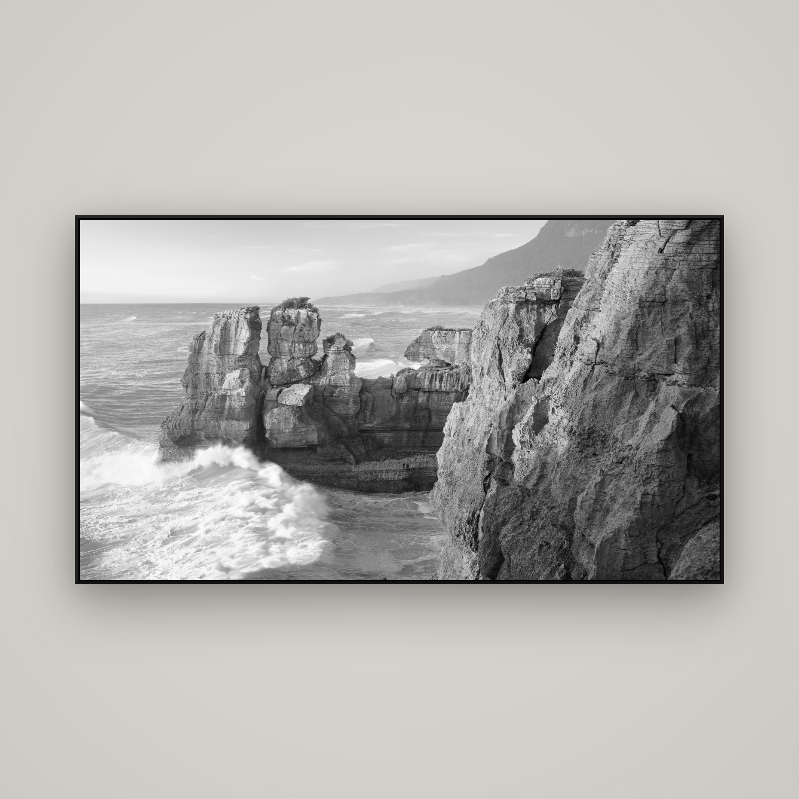 Punakaiki Sculptures, South Island — ArtBox Black, 160×90 cm. New Zealand fine art wall art by Stephen Milner.