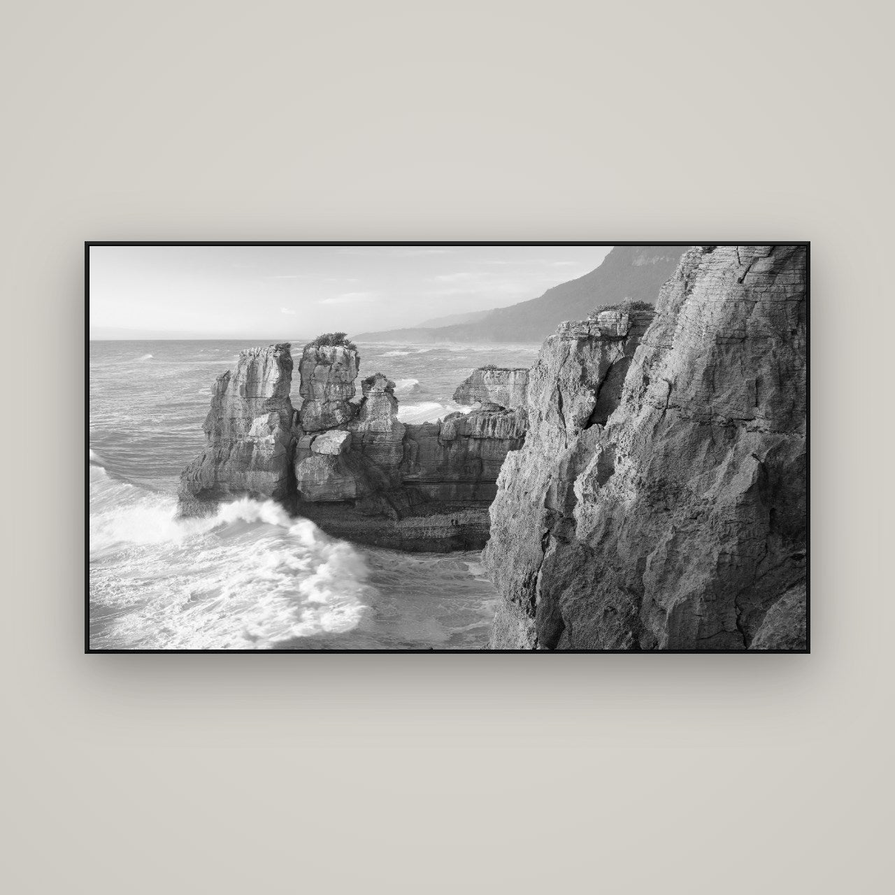 Punakaiki Sculptures, South Island — ArtBox Black, 160×90 cm. New Zealand fine art wall art by Stephen Milner.