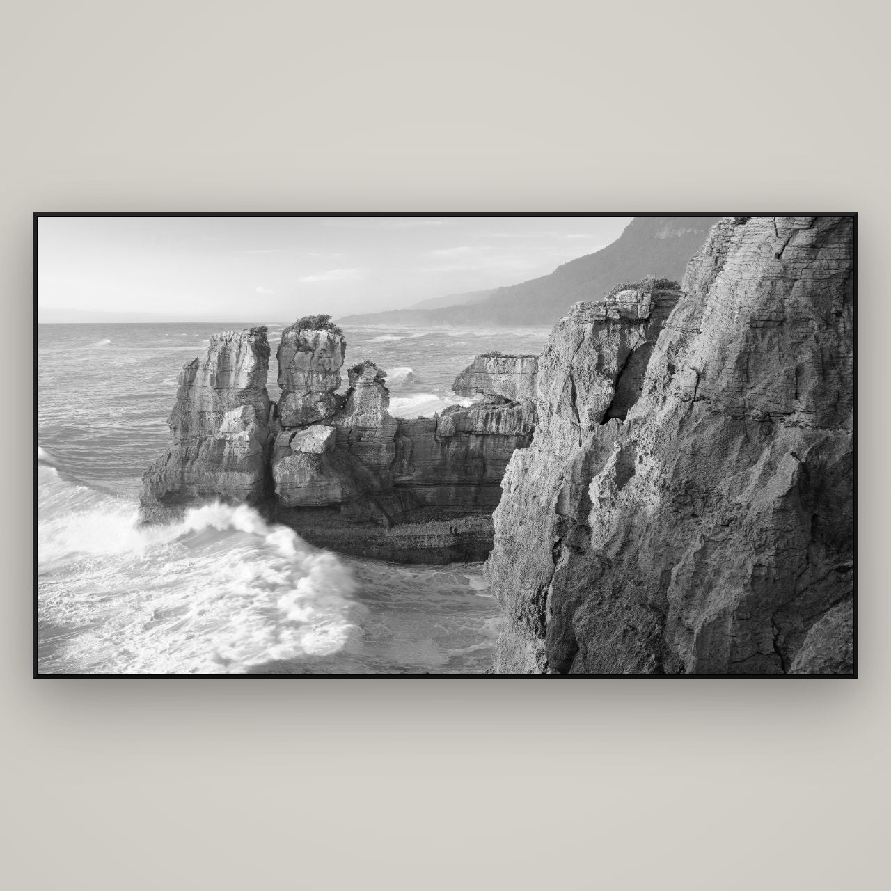 Punakaiki Sculptures, South Island — ArtBox Black, 196×110 cm. New Zealand fine art wall art by Stephen Milner.