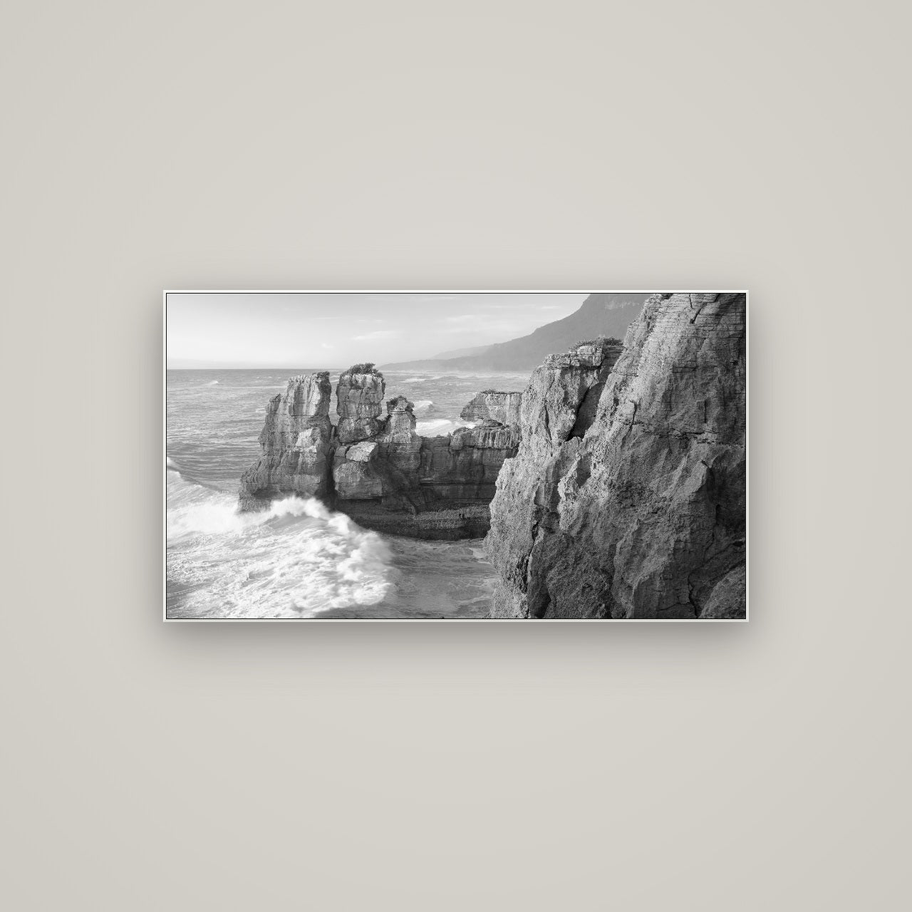 Punakaiki Sculptures, South Island — ArtBox White, 107×60 cm. New Zealand fine art wall art by Stephen Milner.