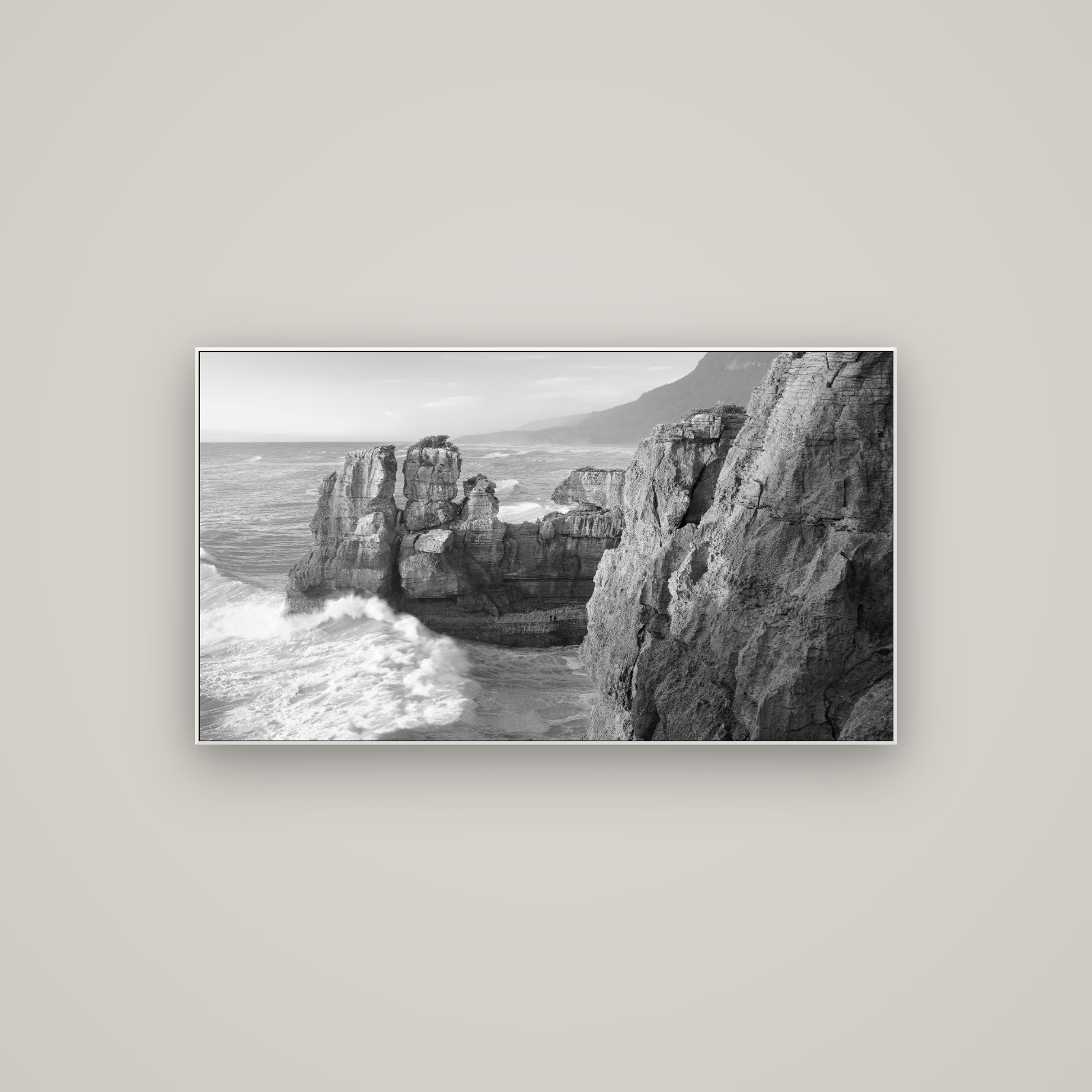 Punakaiki Sculptures, South Island — ArtBox White, 107×60 cm. New Zealand fine art wall art by Stephen Milner.