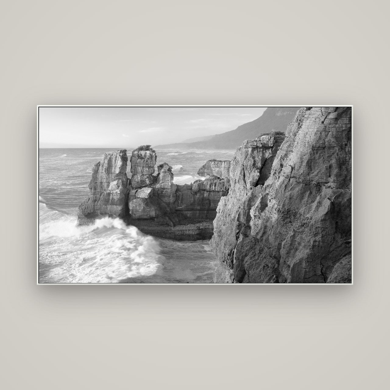 Punakaiki Sculptures, South Island — ArtBox White, 160×90 cm. New Zealand fine art wall art by Stephen Milner.
