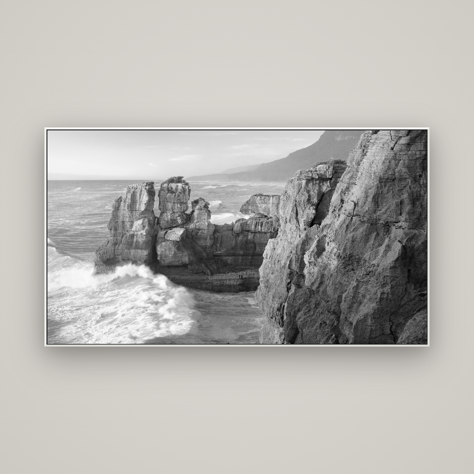Punakaiki Sculptures, South Island — ArtBox White, 160×90 cm. New Zealand fine art wall art by Stephen Milner.