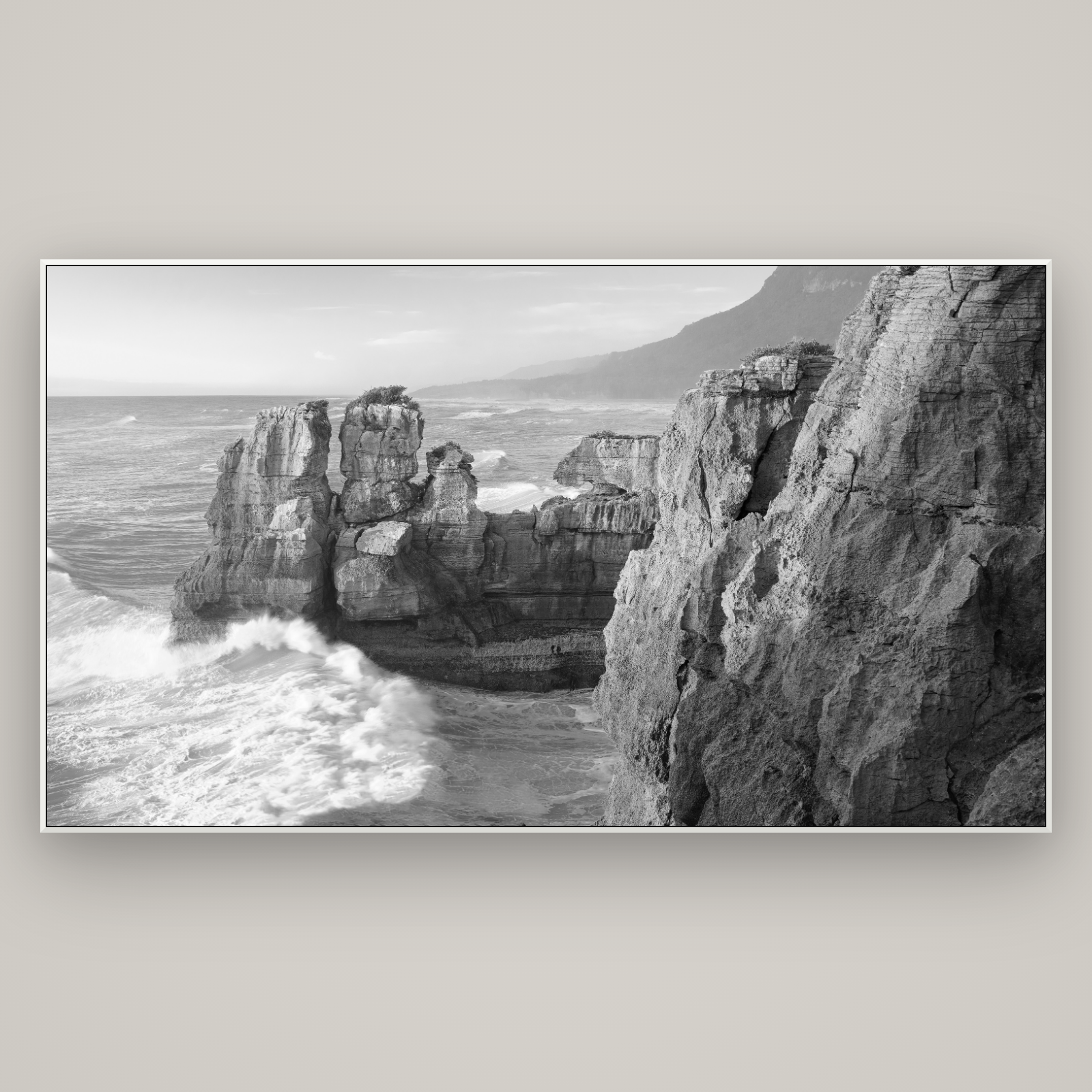 Punakaiki Sculptures, South Island — ArtBox White, 196×110 cm. New Zealand fine art wall art by Stephen Milner.