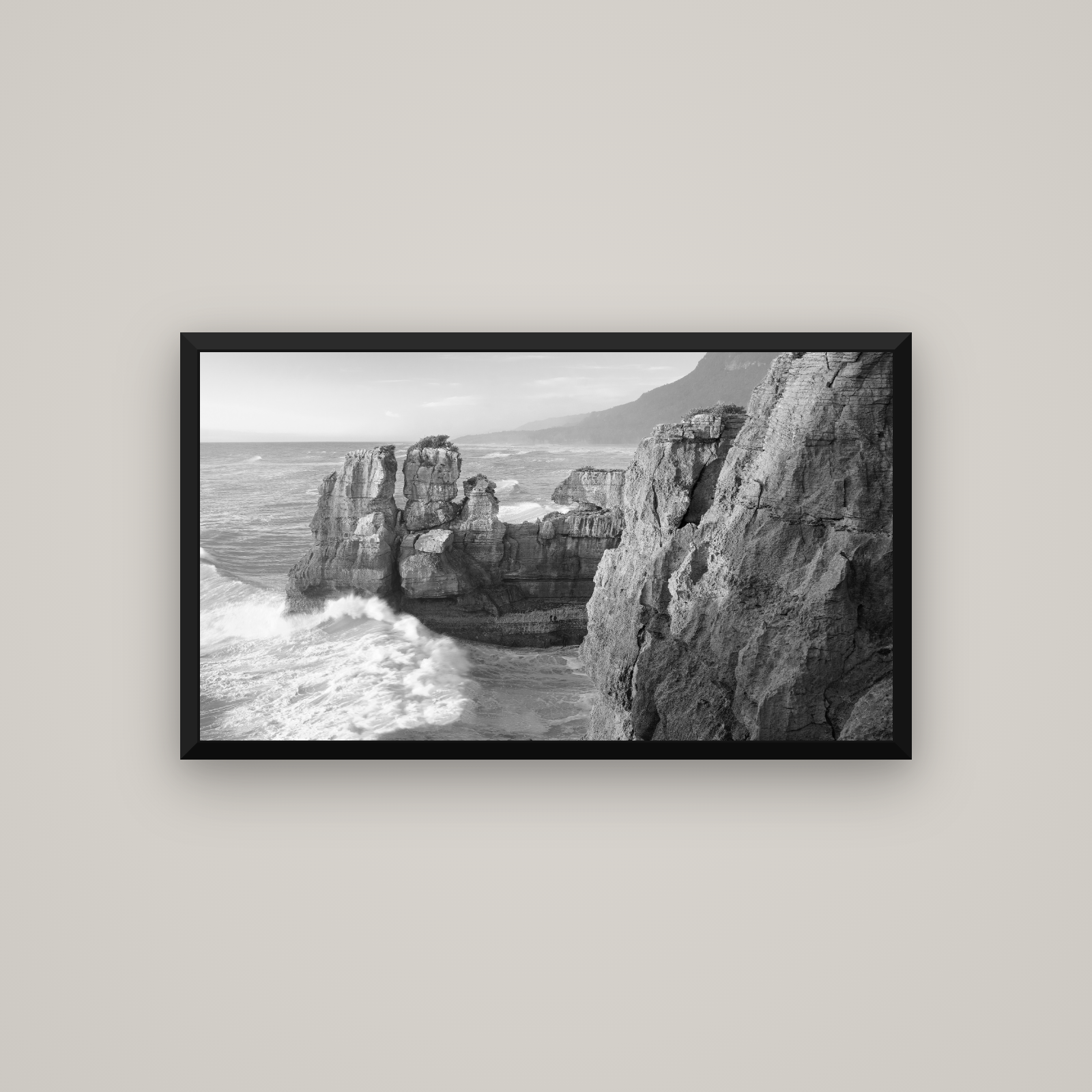 Punakaiki Sculptures, South Island — Basel Black, 107×60 cm. New Zealand fine art wall art by Stephen Milner.