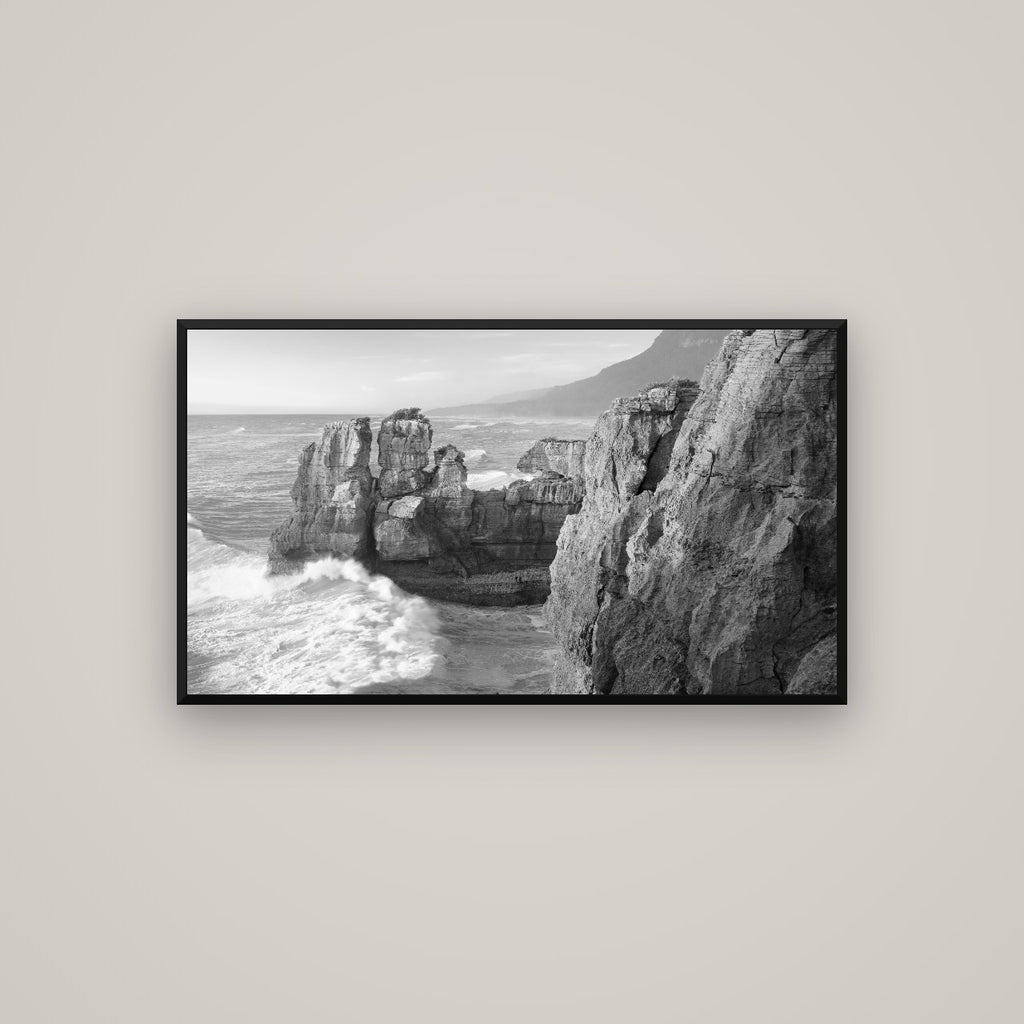Punakaiki Sculptures, South Island — Basel Black Matte, 107×60 cm. New Zealand fine art wall art by Stephen Milner.