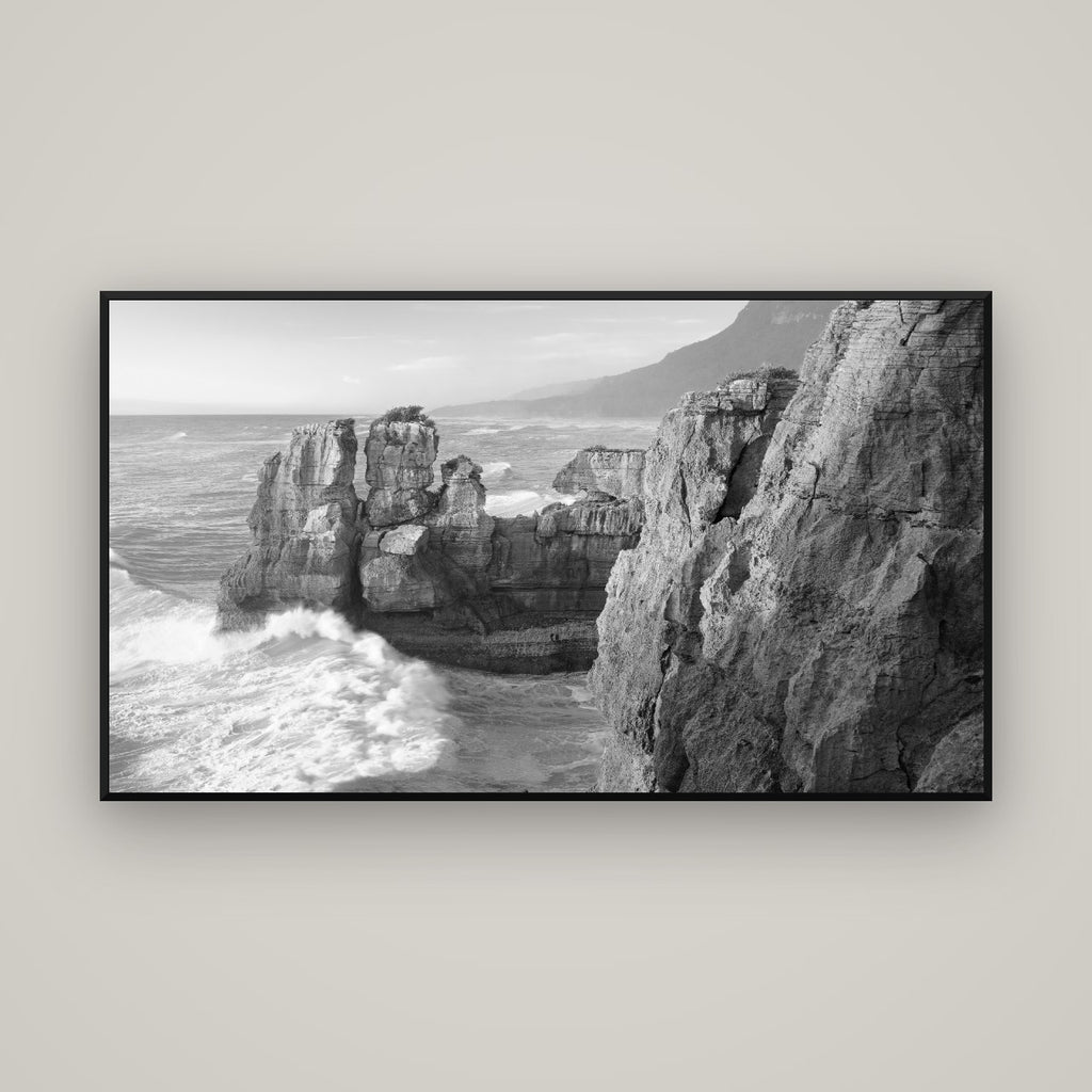Punakaiki Sculptures, South Island — Basel Black Matte, 160×90 cm. New Zealand fine art wall art by Stephen Milner.