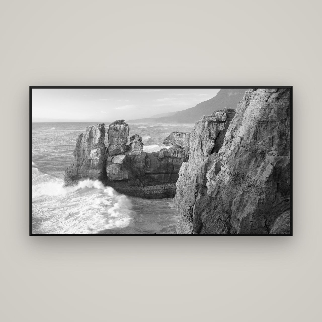 Punakaiki Sculptures, South Island — Basel Black, 160×90 cm. New Zealand fine art wall art by Stephen Milner.