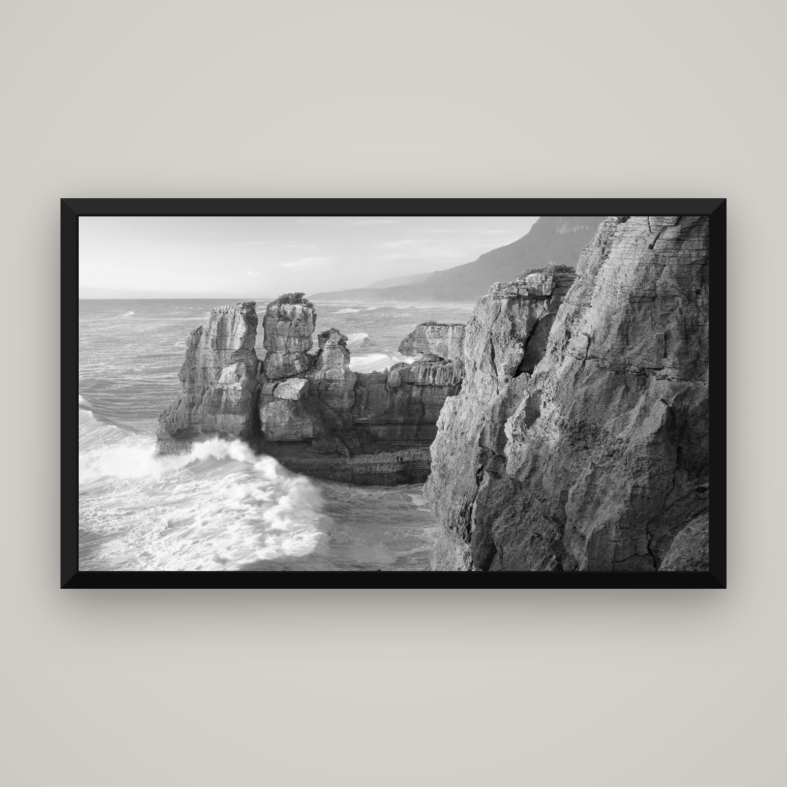 Punakaiki Sculptures, South Island — Basel Black, 160×90 cm. New Zealand fine art wall art by Stephen Milner.