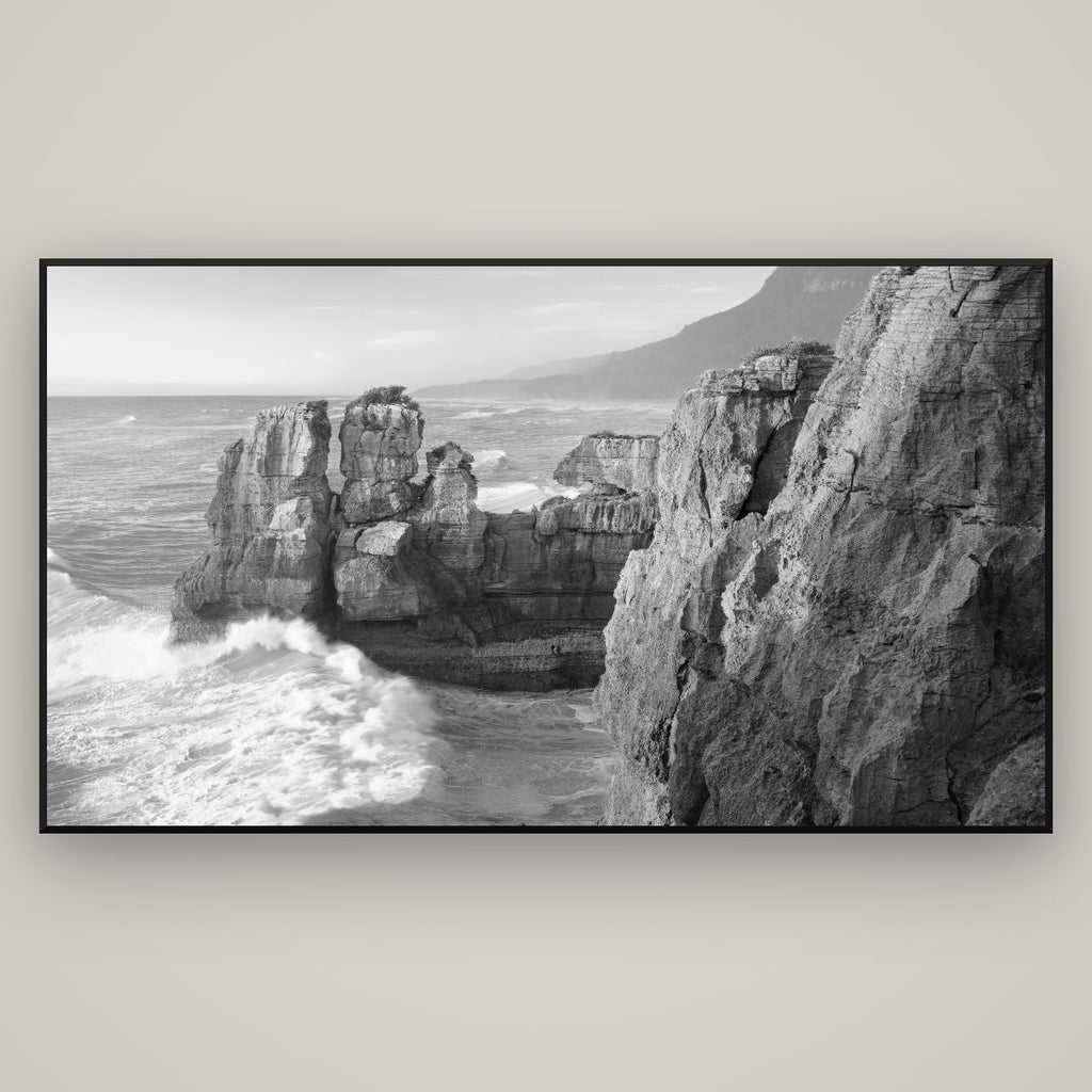 Punakaiki Sculptures, South Island — Basel Black Matte, 196×110 cm. New Zealand fine art wall art by Stephen Milner.