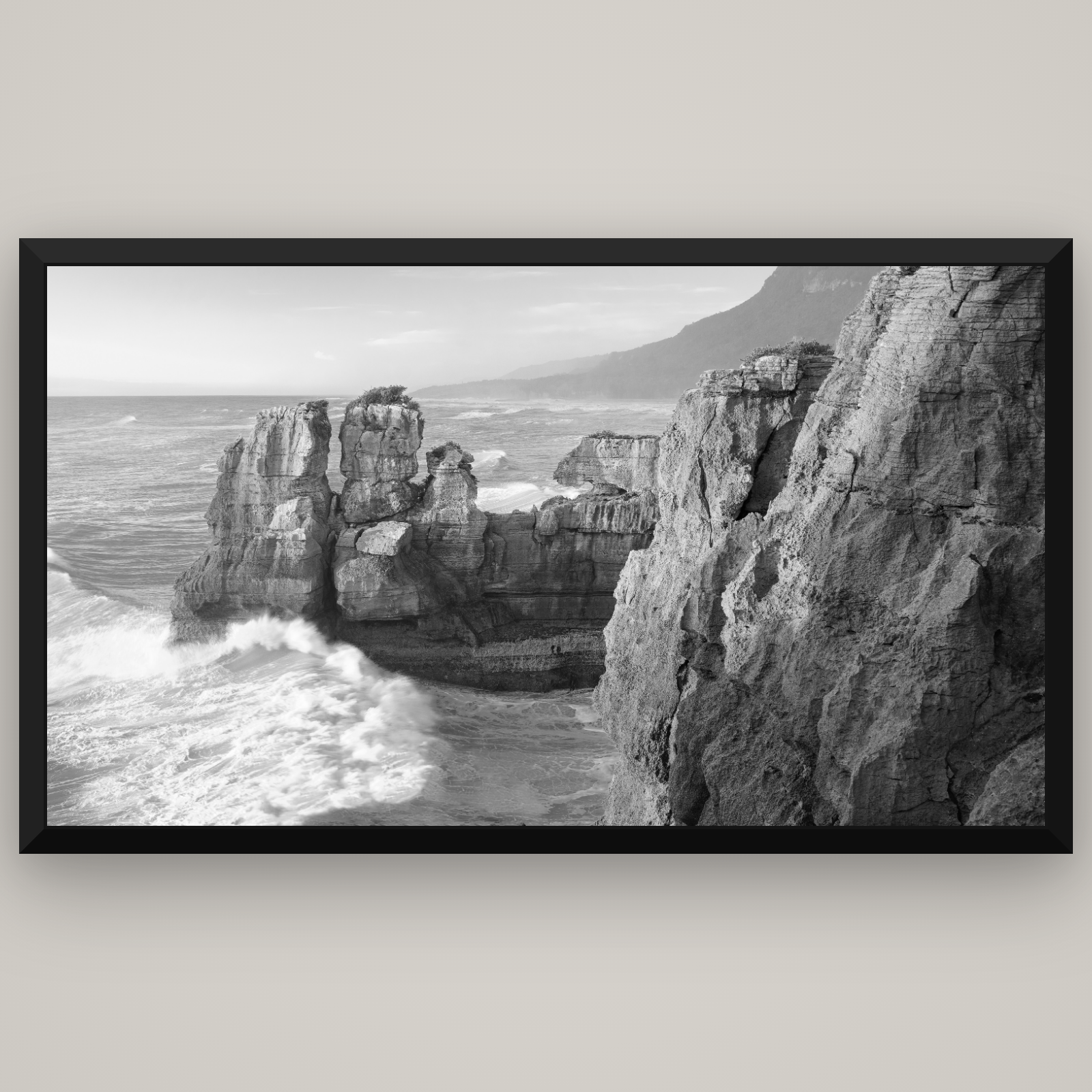 Punakaiki Sculptures, South Island — Basel Black, 196×110 cm. New Zealand fine art wall art by Stephen Milner.