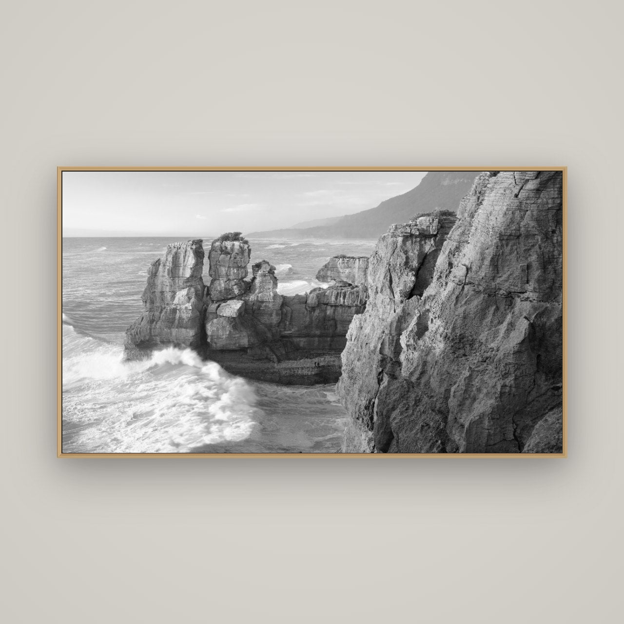 Punakaiki Sculptures, South Island, Basel Natural Oak, 160×90 cm. New Zealand fine art wall art by Stephen Milner.