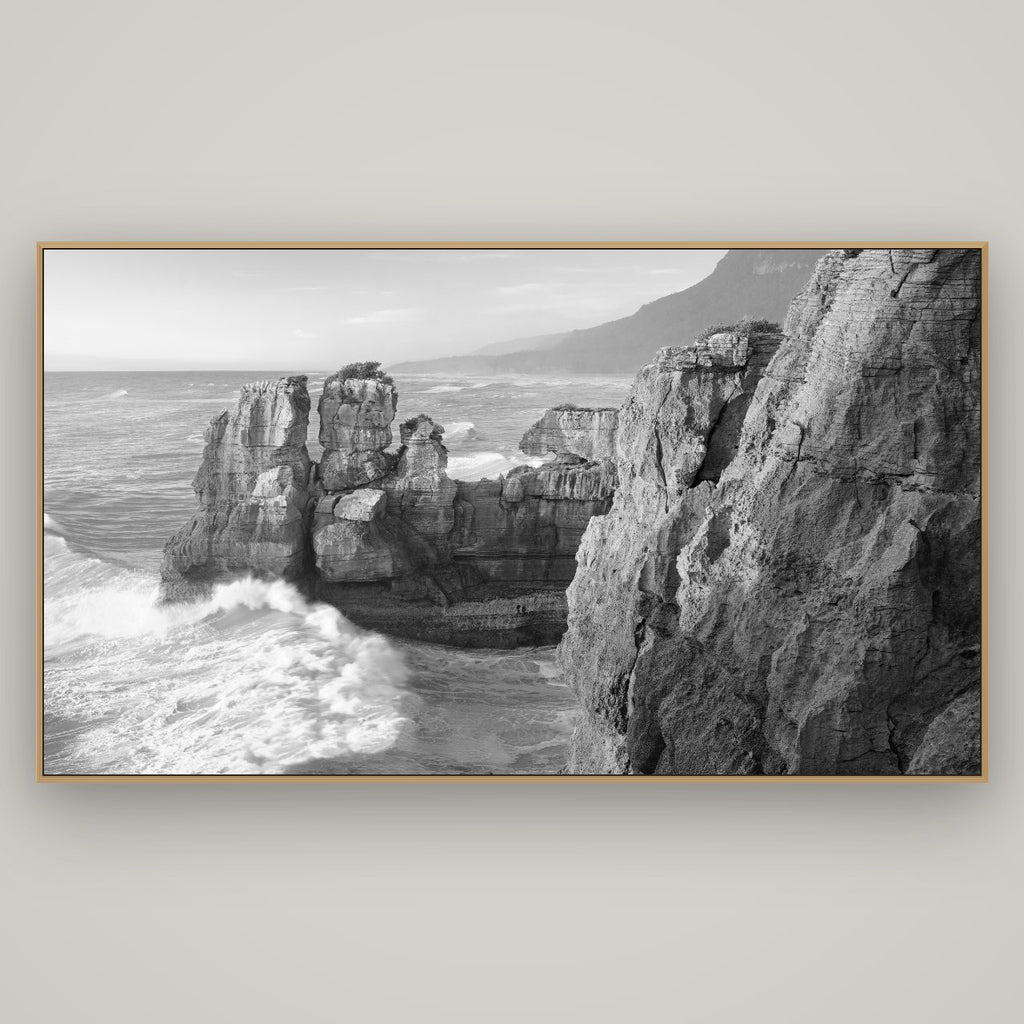Punakaiki Sculptures, South Island, Basel Natural Oak, 196×110 cm. New Zealand fine art wall art by Stephen Milner.
