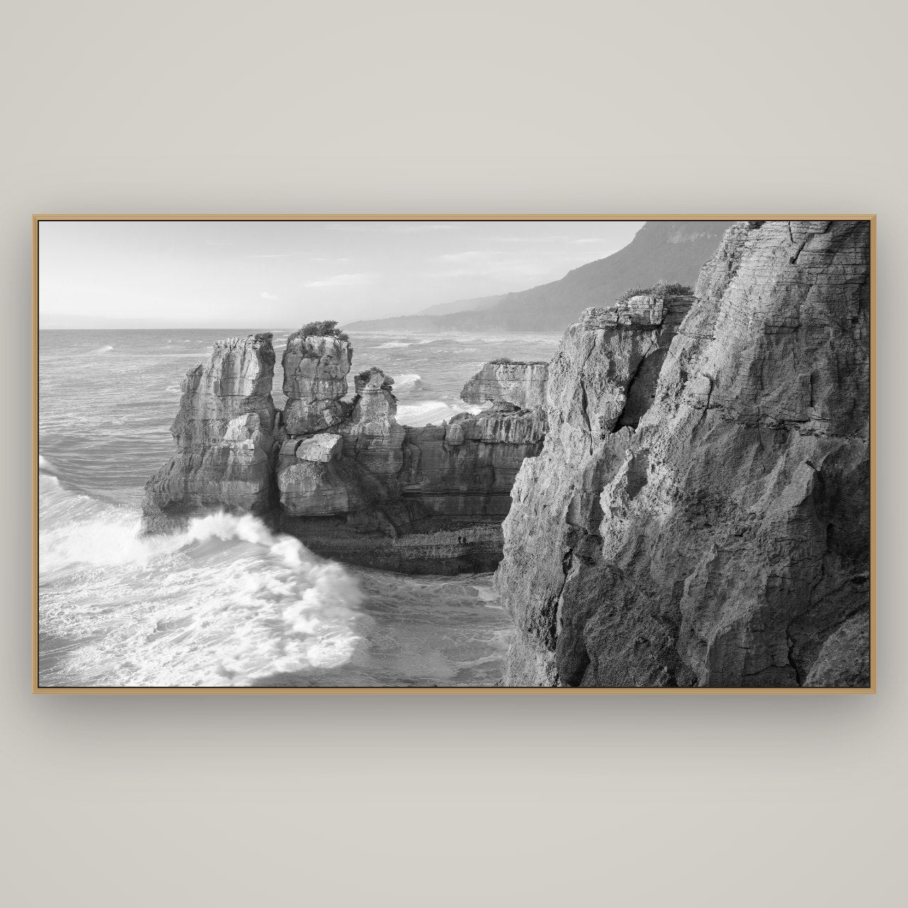 Punakaiki Sculptures, South Island, Basel Natural Oak, 196×110 cm. New Zealand fine art wall art by Stephen Milner.