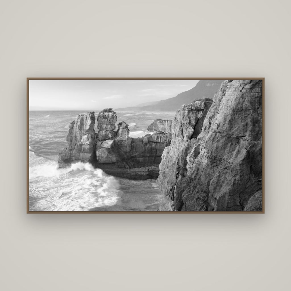 Punakaiki Sculptures, South Island, Basel Walnut, 160×90 cm. New Zealand fine art wall art by Stephen Milner.