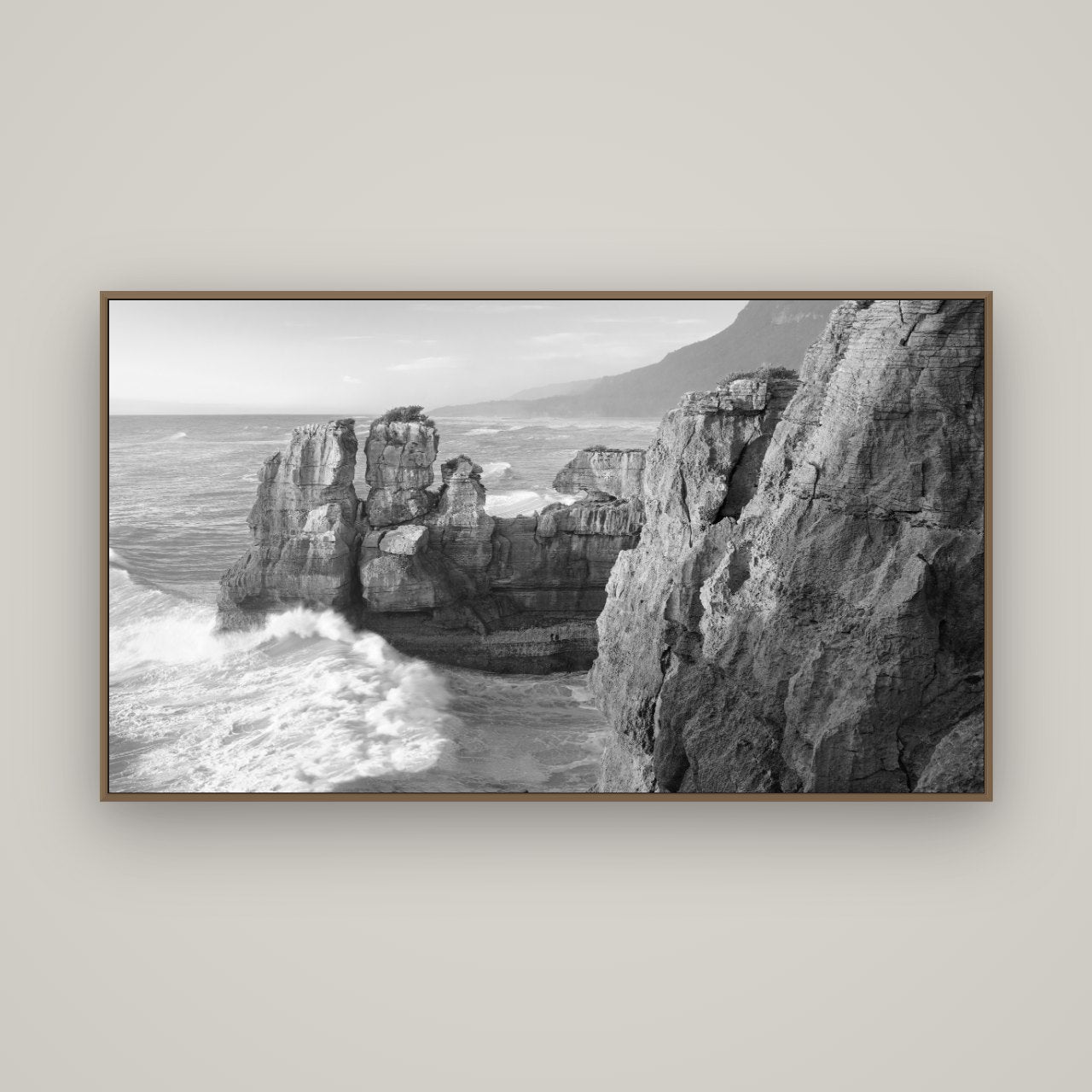 Punakaiki Sculptures, South Island, Basel Walnut, 160×90 cm. New Zealand fine art wall art by Stephen Milner.
