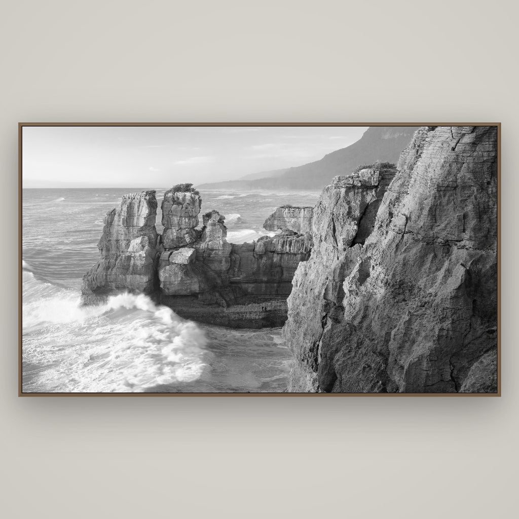 Punakaiki Sculptures, South Island, Basel Walnut, 196×110 cm. New Zealand fine art wall art by Stephen Milner.