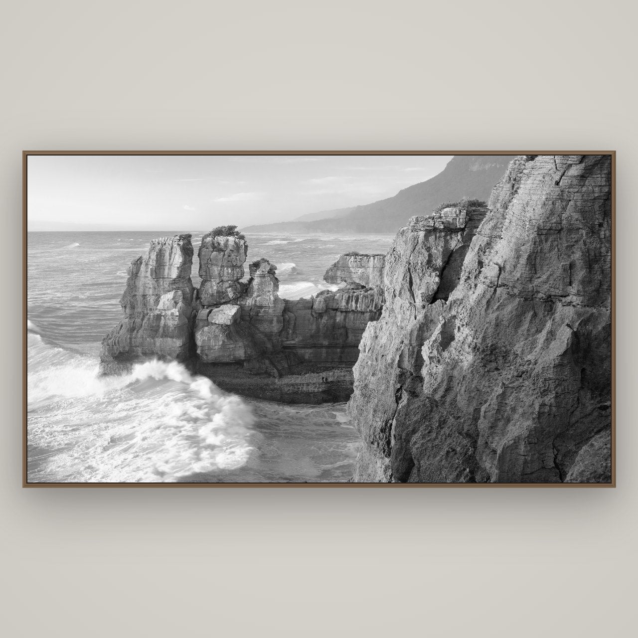 Punakaiki Sculptures, South Island, Basel Walnut, 196×110 cm. New Zealand fine art wall art by Stephen Milner.