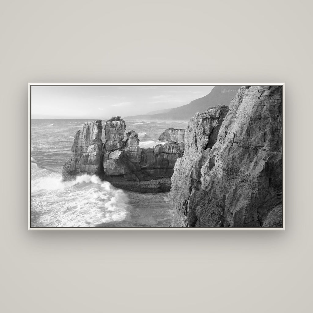 Punakaiki Sculptures, South Island — Basel White, 160×90 cm. New Zealand fine art wall art by Stephen Milner.