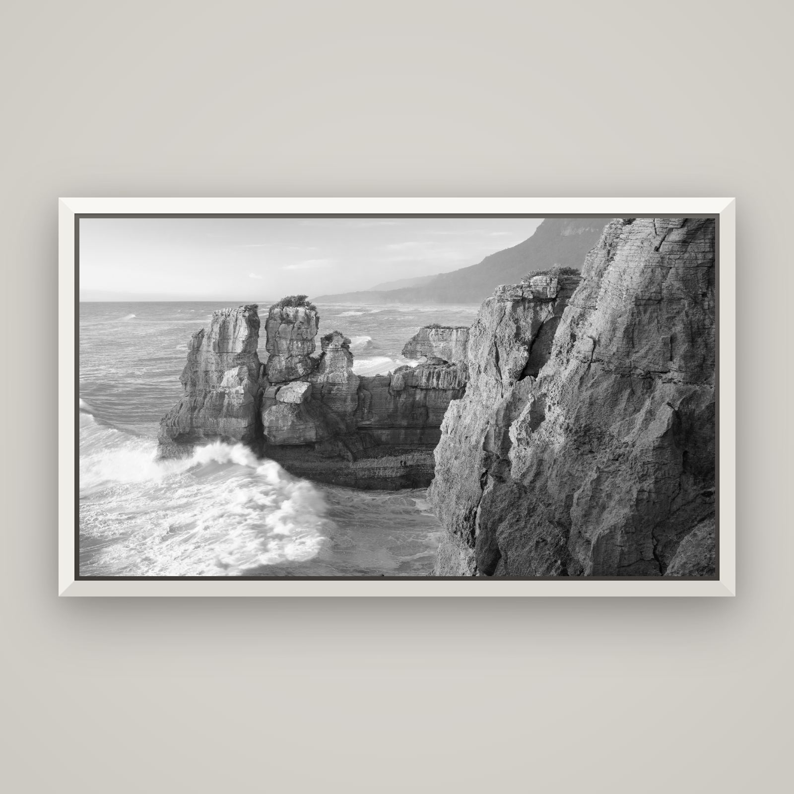 Punakaiki Sculptures, South Island — Basel White, 160×90 cm. New Zealand fine art wall art by Stephen Milner.