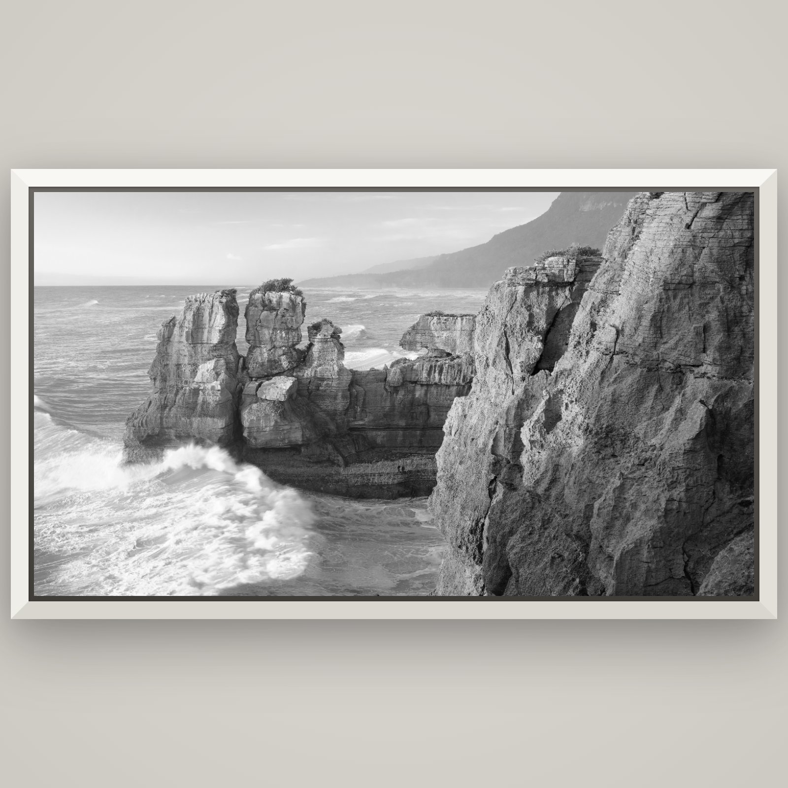 Punakaiki Sculptures, South Island — Basel White, 196×110 cm. New Zealand fine art wall art by Stephen Milner.