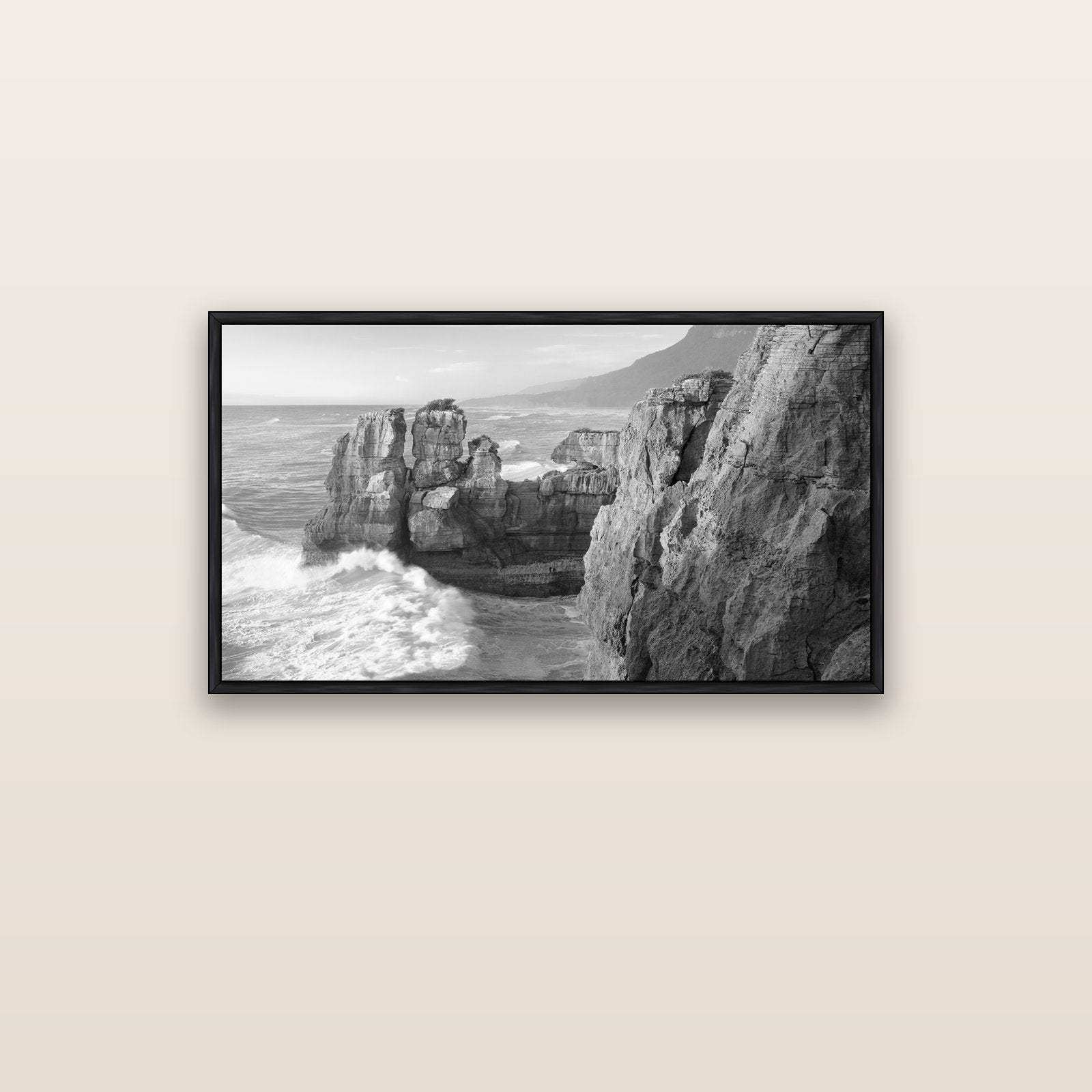 Punakaiki Sculptures, South Island — black float frame canvas, 102 × 56 cm. New Zealand fine art landscape wall art by Stephen Milner.