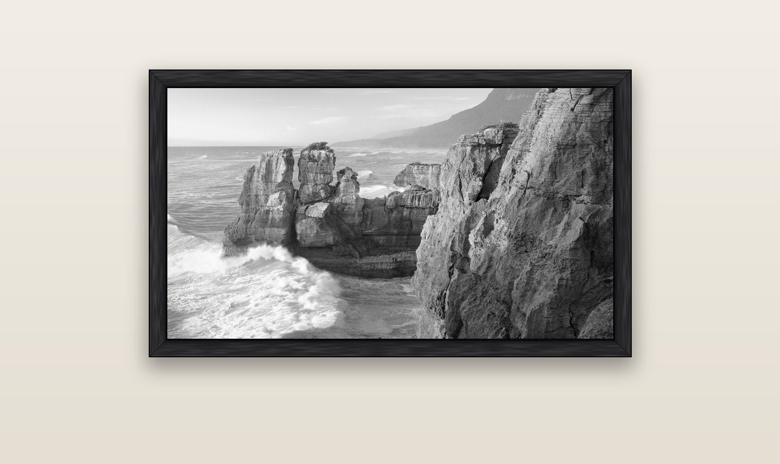Punakaiki Sculptures, South Island — black float frame canvas, 102 × 56 cm. New Zealand fine art landscape wall art by Stephen Milner.