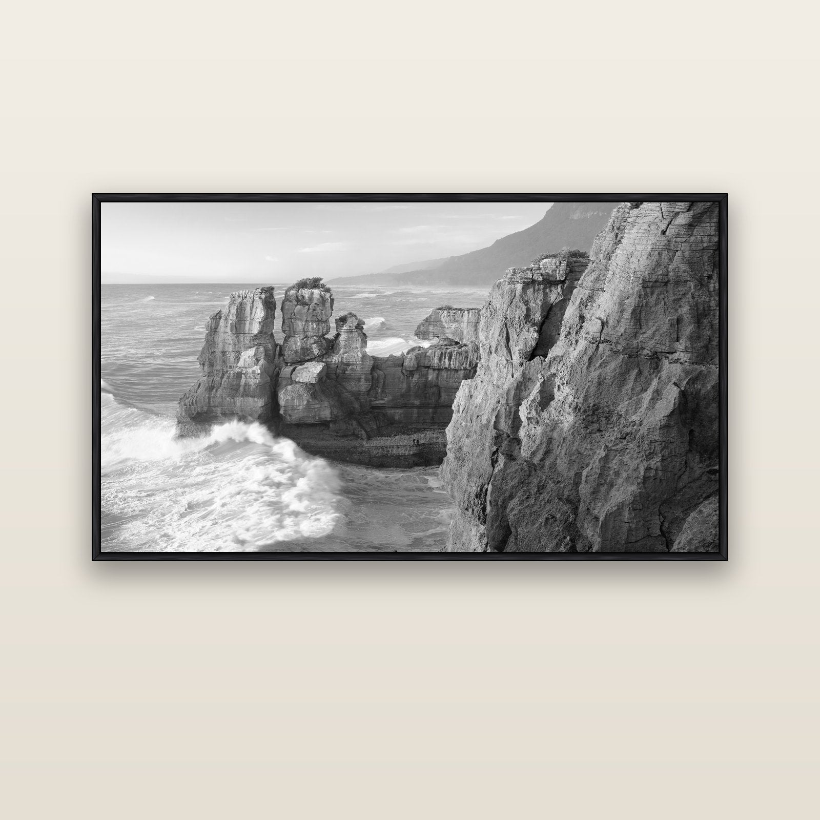 Punakaiki Sculptures, South Island — black float frame canvas, 152 × 86 cm. New Zealand fine art landscape wall art by Stephen Milner.