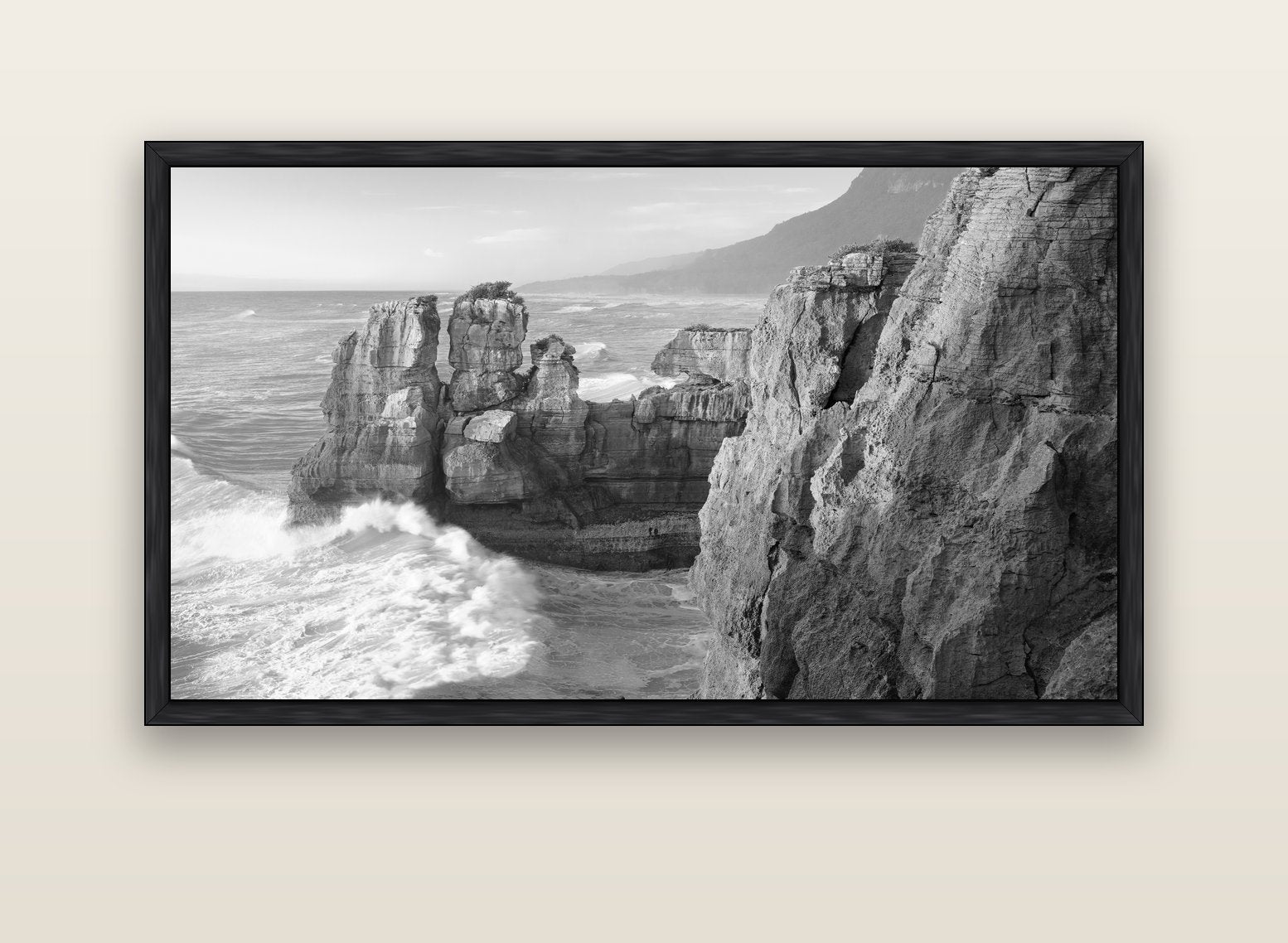 Punakaiki Sculptures, South Island — black float frame canvas, 152 × 86 cm. New Zealand fine art landscape wall art by Stephen Milner.