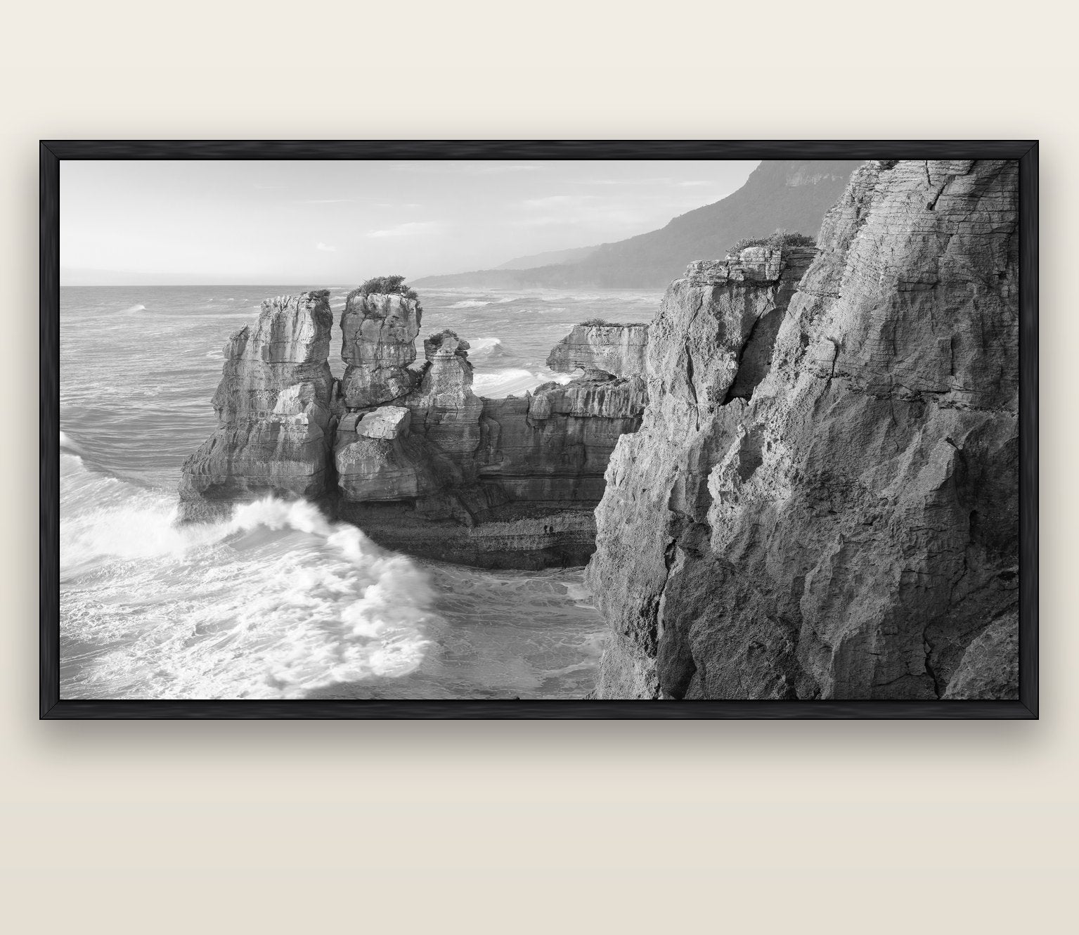 Punakaiki Sculptures, South Island — black float frame canvas, 200 × 130 cm. New Zealand fine art landscape wall art by Stephen Milner.