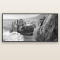 Punakaiki Sculptures, South Island — black float frame canvas, 201 × 99 cm. New Zealand fine art landscape wall art by Stephen Milner.