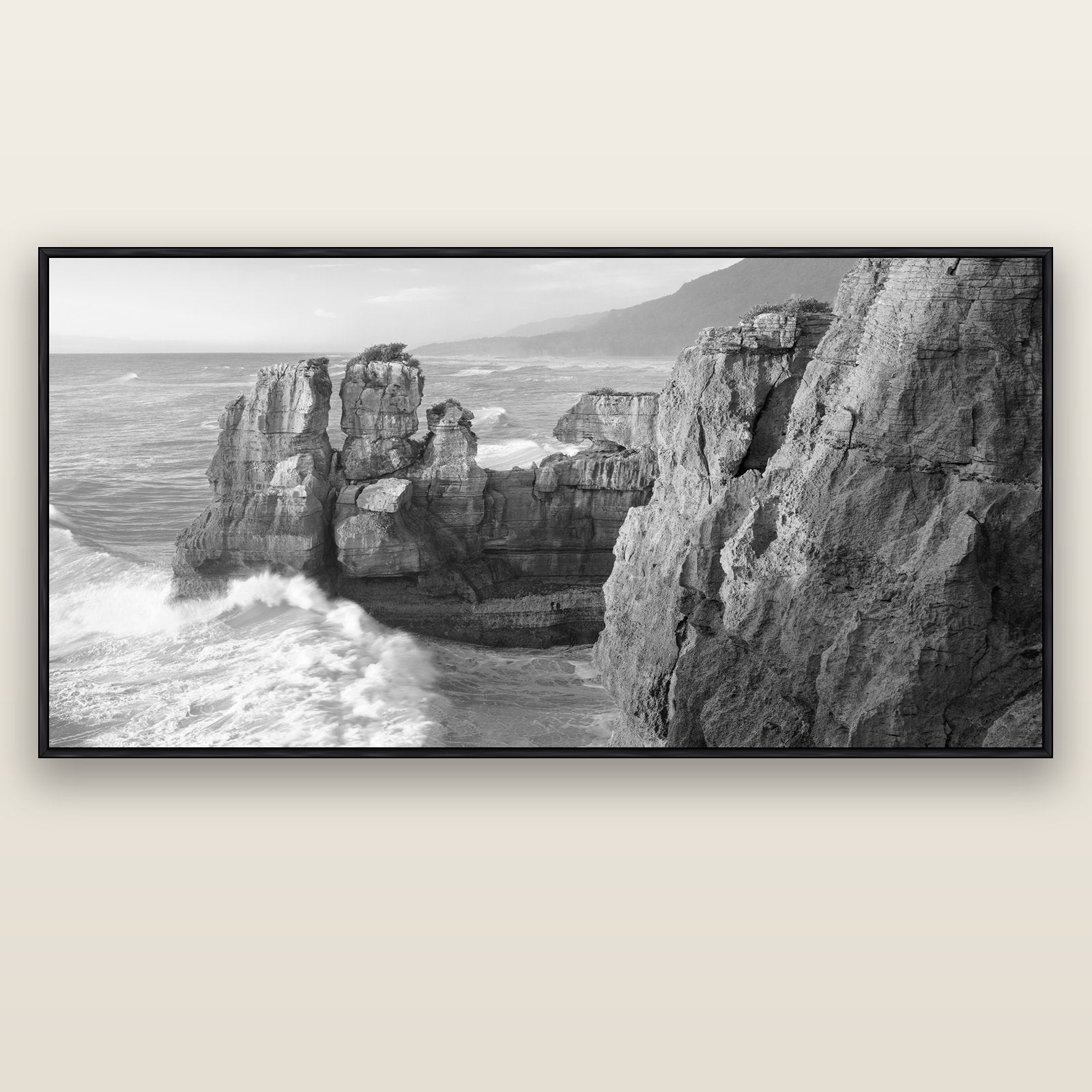 Punakaiki Sculptures, South Island — black float frame canvas, 201 × 99 cm. New Zealand fine art landscape wall art by Stephen Milner.