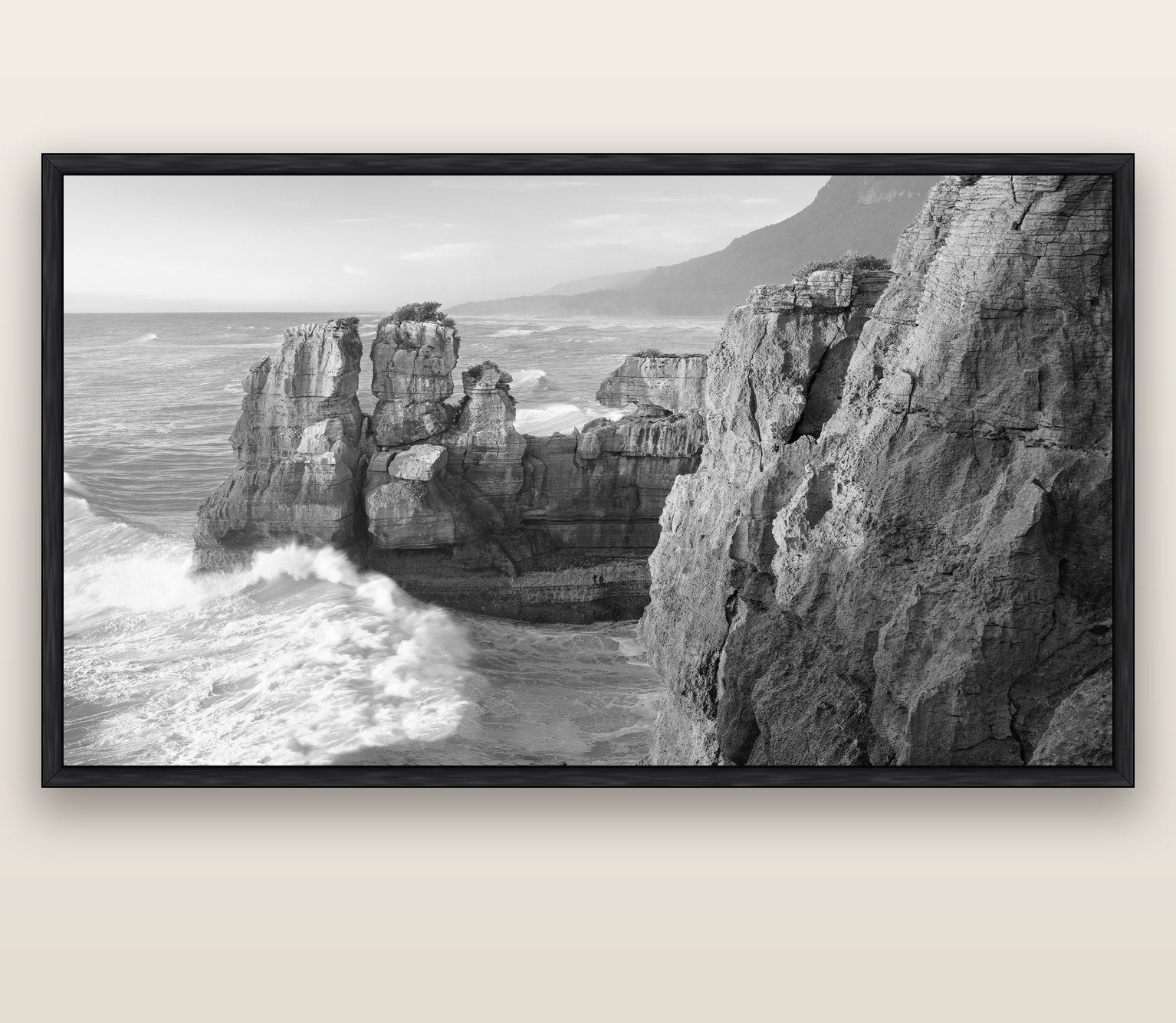 Punakaiki Sculptures, South Island — black float frame canvas, 201 × 99 cm. New Zealand fine art landscape wall art by Stephen Milner.
