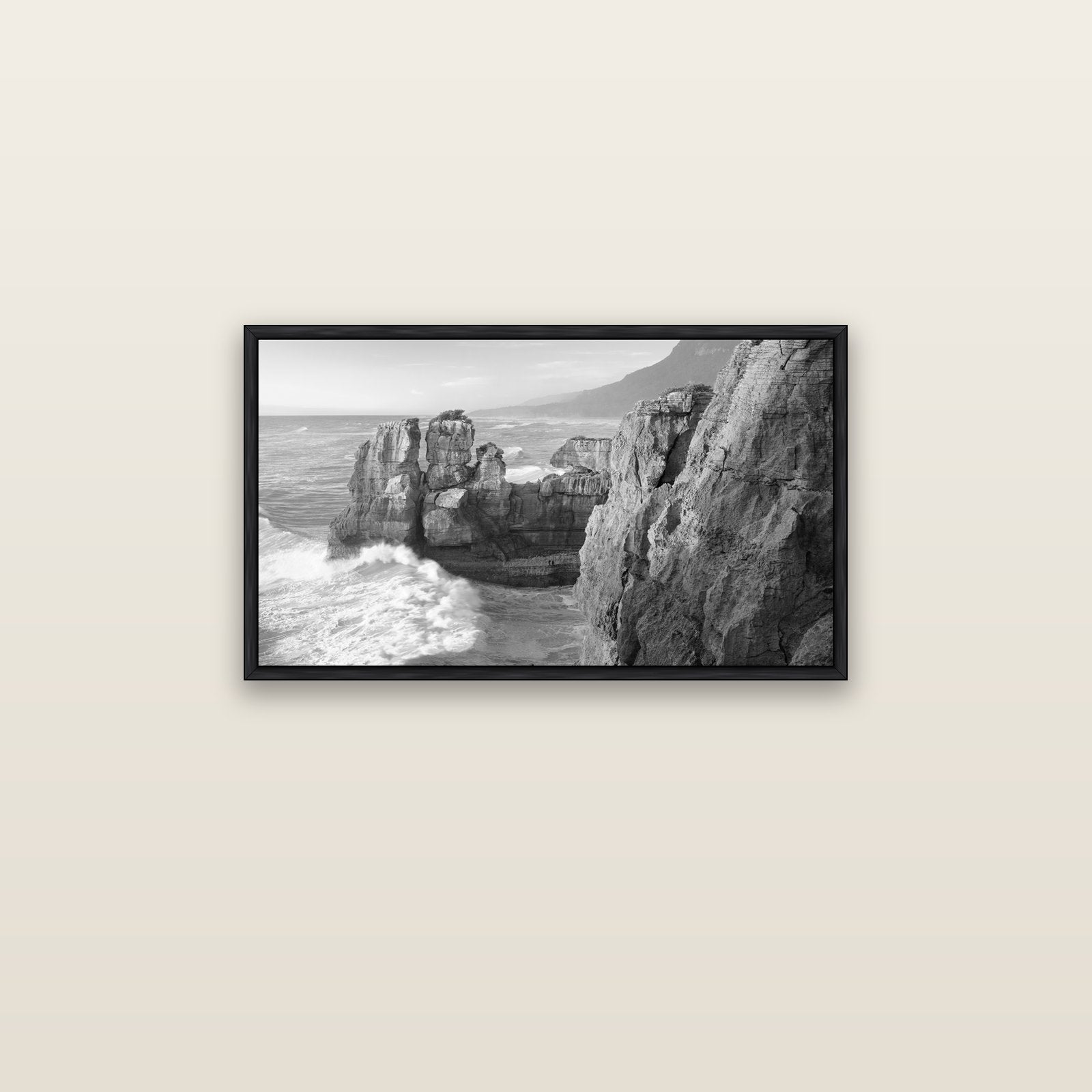 Punakaiki Sculptures, South Island — black float frame canvas, 81 × 46 cm. New Zealand fine art landscape wall art by Stephen Milner.