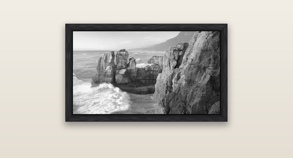 Punakaiki Sculptures, South Island — black float frame canvas, 81 × 46 cm. New Zealand fine art landscape wall art by Stephen Milner.