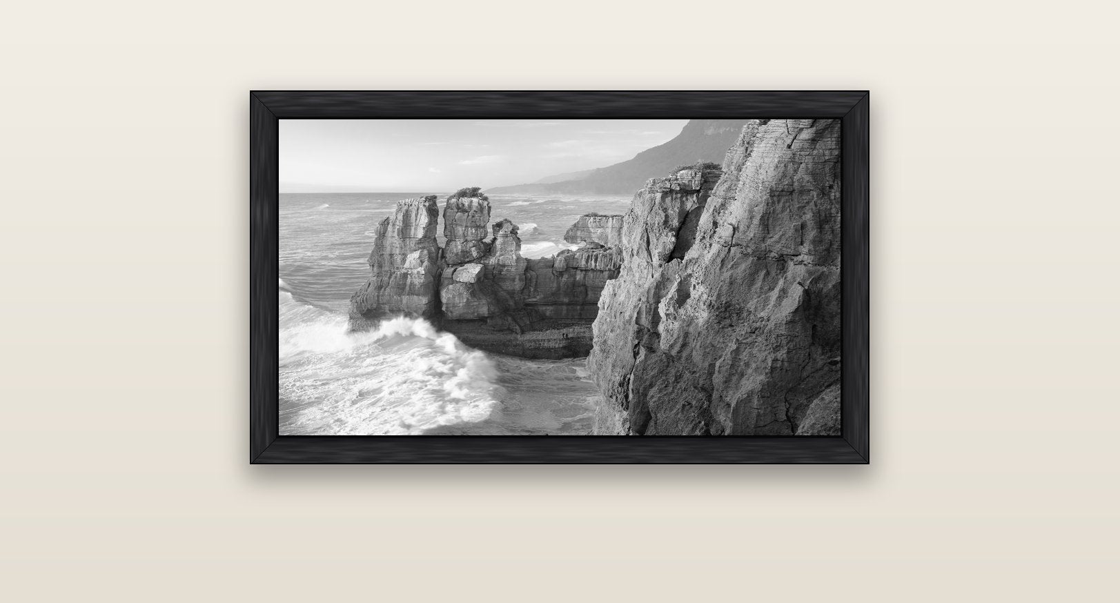 Punakaiki Sculptures, South Island — black float frame canvas, 81 × 46 cm. New Zealand fine art landscape wall art by Stephen Milner.