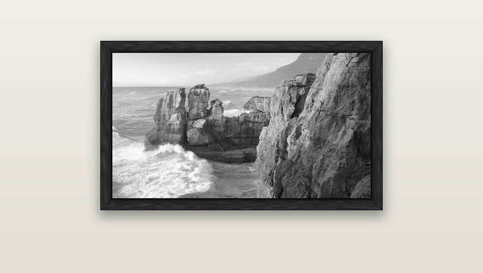 Punakaiki Sculptures, South Island — black float frame canvas, 91 × 51 cm. New Zealand fine art landscape wall art by Stephen Milner.