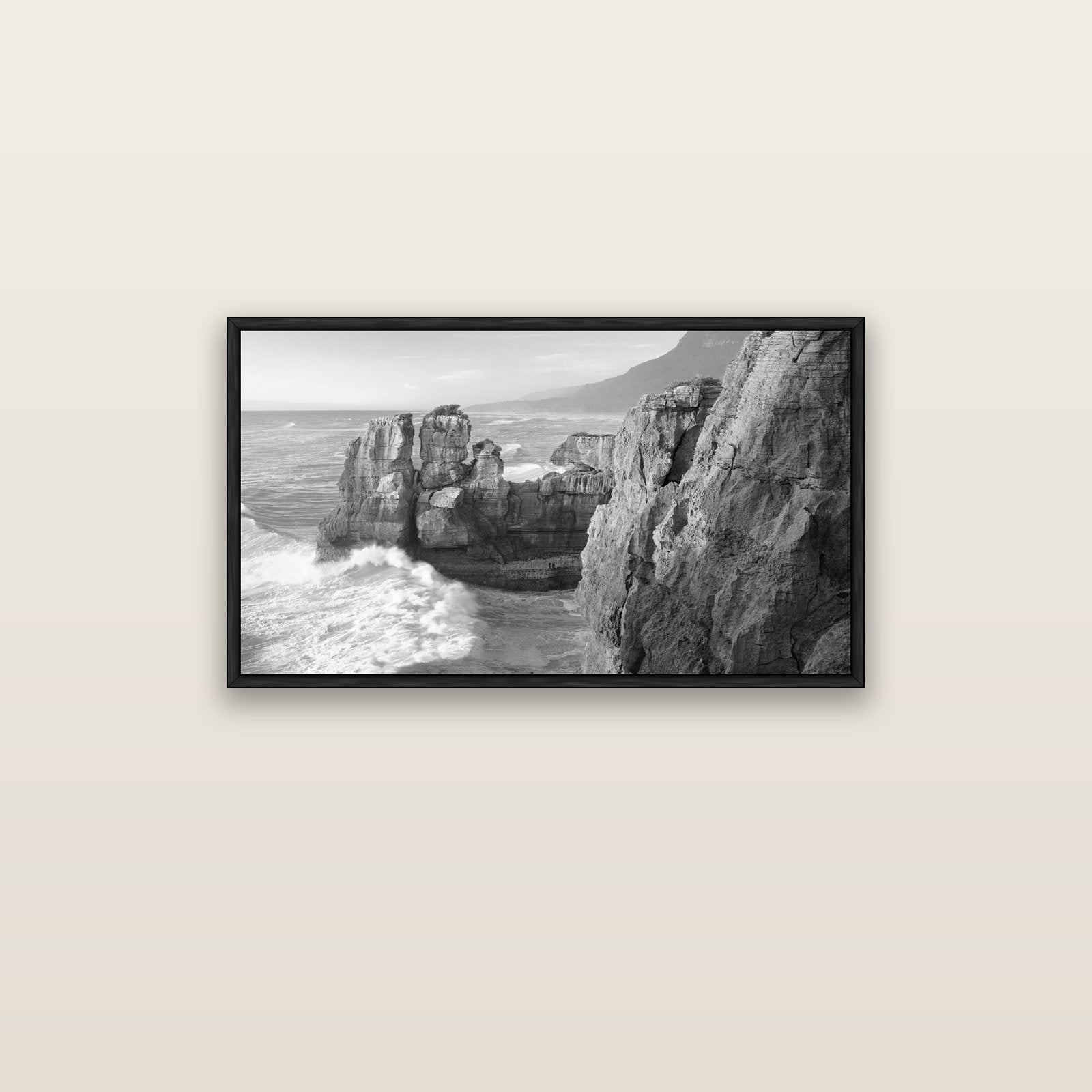 Punakaiki Sculptures, South Island — black float frame canvas, 91 × 51 cm. New Zealand fine art landscape wall art by Stephen Milner.