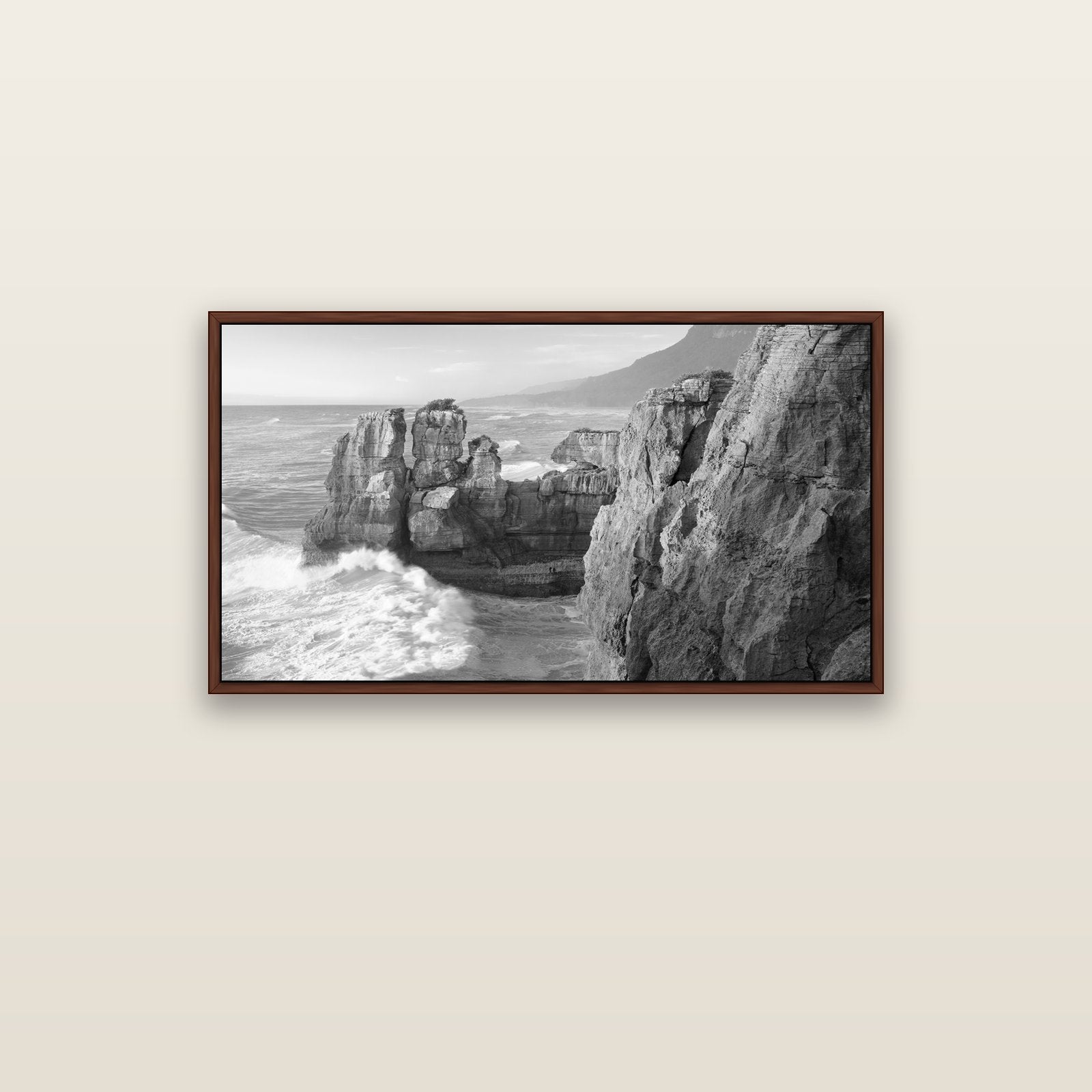 Punakaiki Sculptures, South Island — brown float frame canvas, 102 × 56 cm. New Zealand fine art landscape wall art by Stephen Milner.