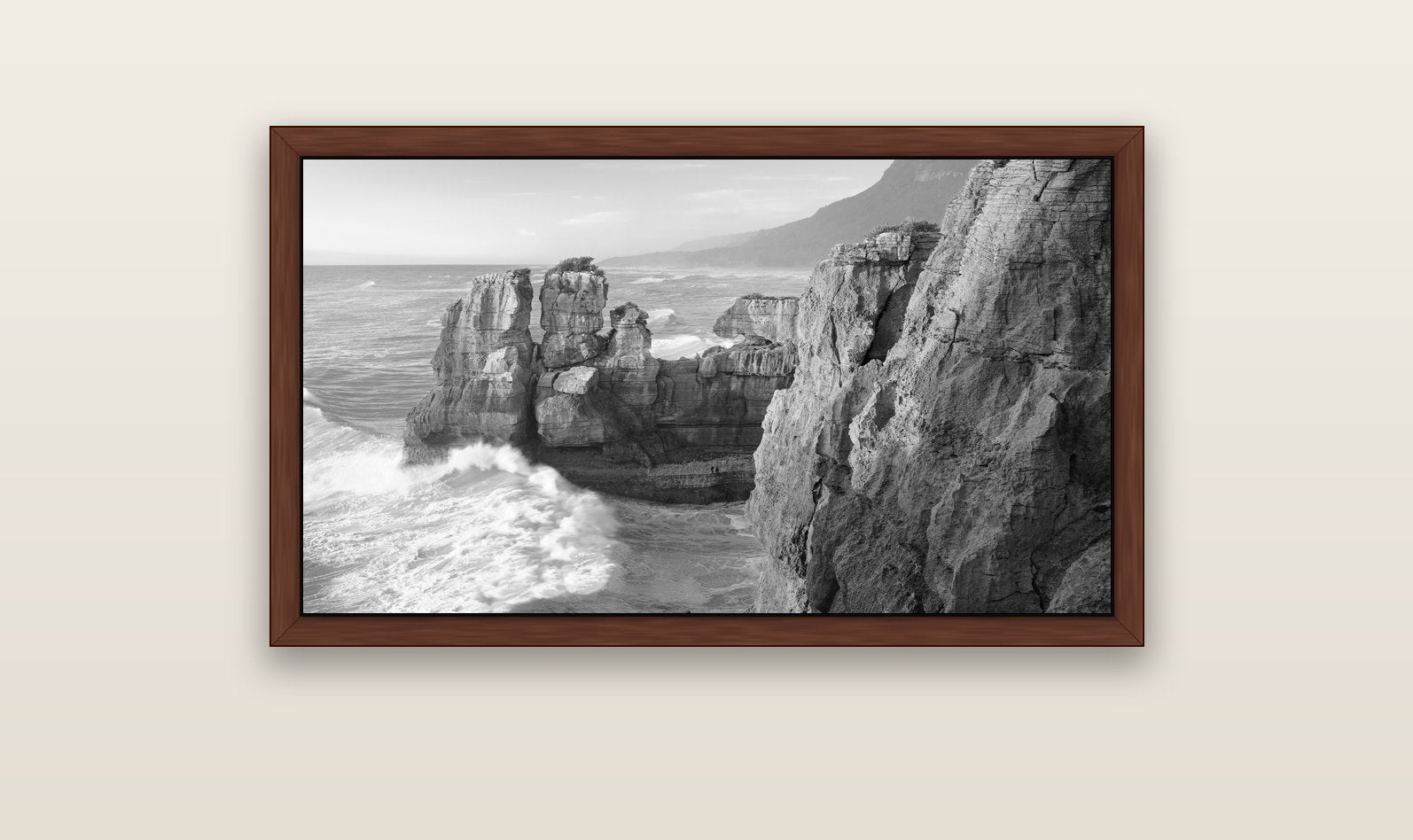Punakaiki Sculptures, South Island — brown float frame canvas, 102 × 56 cm. New Zealand fine art landscape wall art by Stephen Milner.
