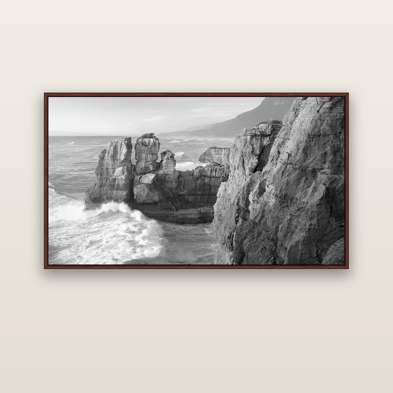 Punakaiki Sculptures, South Island — brown float frame canvas, 152 × 86 cm. New Zealand fine art landscape wall art by Stephen Milner.