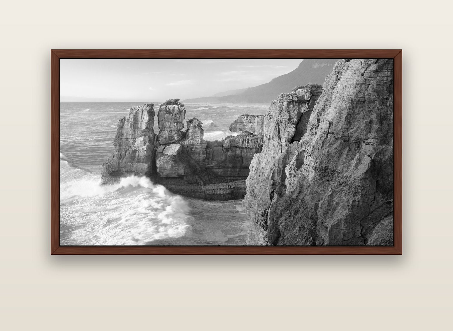 Punakaiki Sculptures, South Island — brown float frame canvas, 152 × 86 cm. New Zealand fine art landscape wall art by Stephen Milner.
