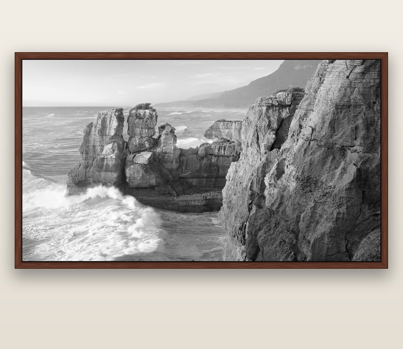 Punakaiki Sculptures, South Island — brown float frame canvas, 200 × 130 cm. New Zealand fine art landscape wall art by Stephen Milner.