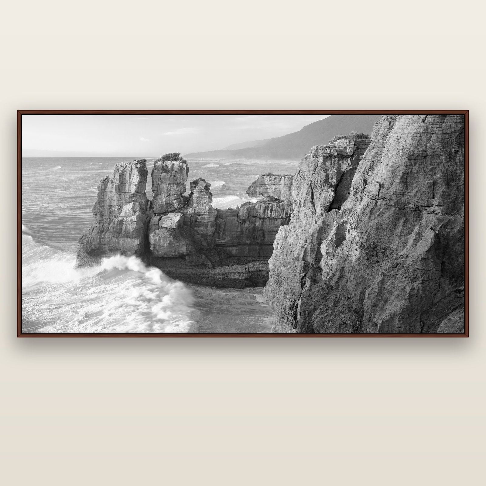 Punakaiki Sculptures, South Island — brown float frame canvas, 201 × 99 cm. New Zealand fine art landscape wall art by Stephen Milner.