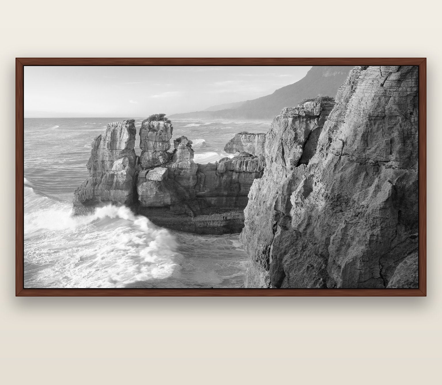 Punakaiki Sculptures, South Island — brown float frame canvas, 201 × 99 cm. New Zealand fine art landscape wall art by Stephen Milner.
