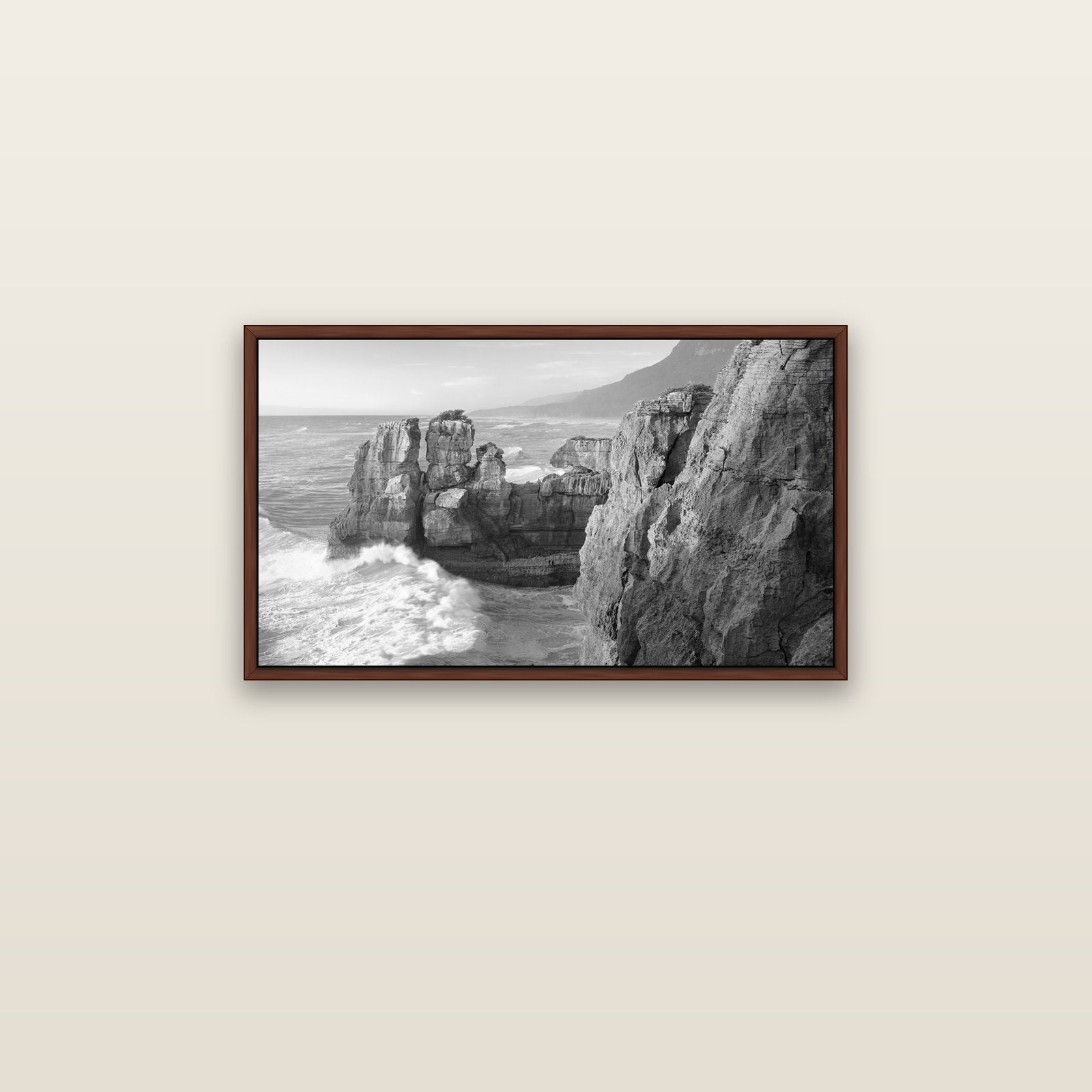 Punakaiki Sculptures, South Island — brown float frame canvas, 81 × 46 cm. New Zealand fine art landscape wall art by Stephen Milner.