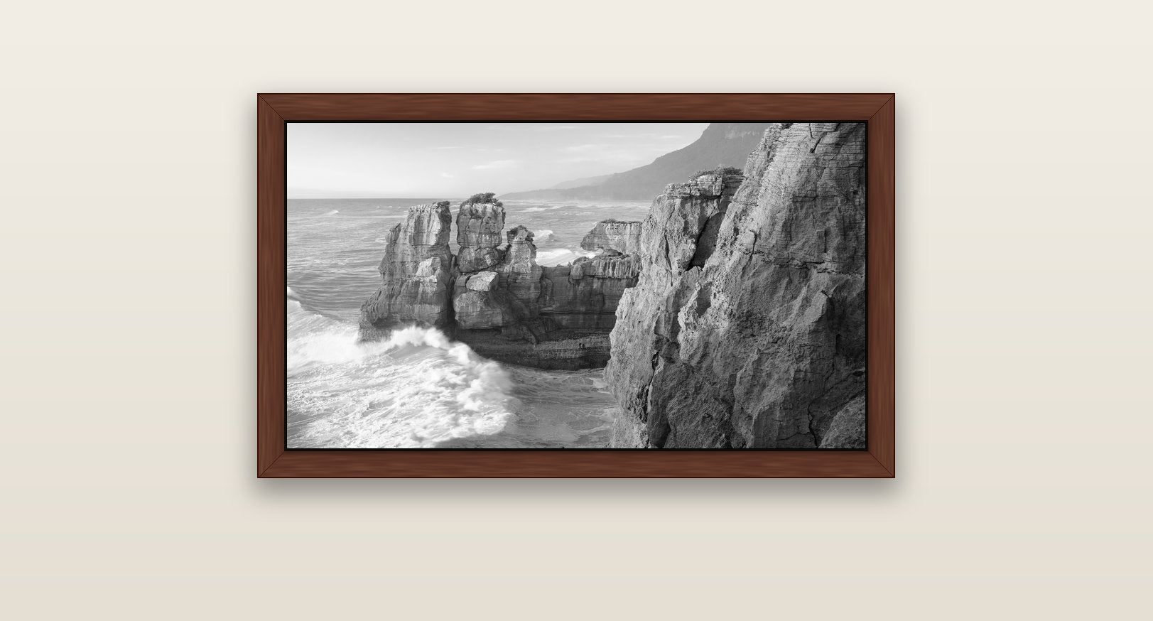 Punakaiki Sculptures, South Island — brown float frame canvas, 81 × 46 cm. New Zealand fine art landscape wall art by Stephen Milner.